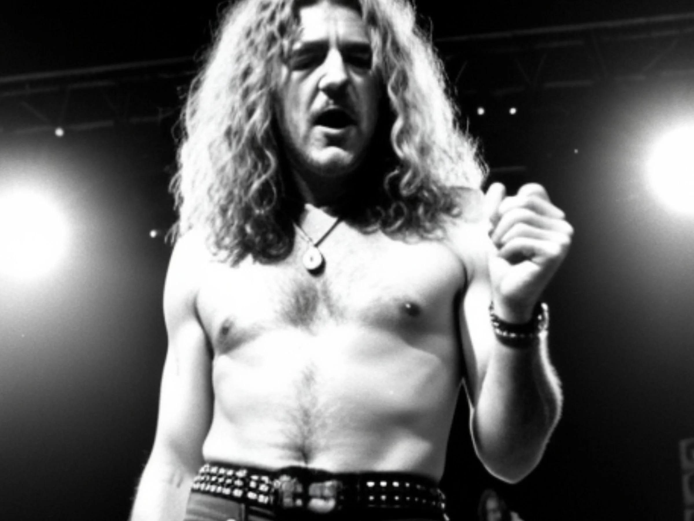 A black and white photograph of a shirtless Robert Plant during a performance with legendary band, Led Zeppelin.