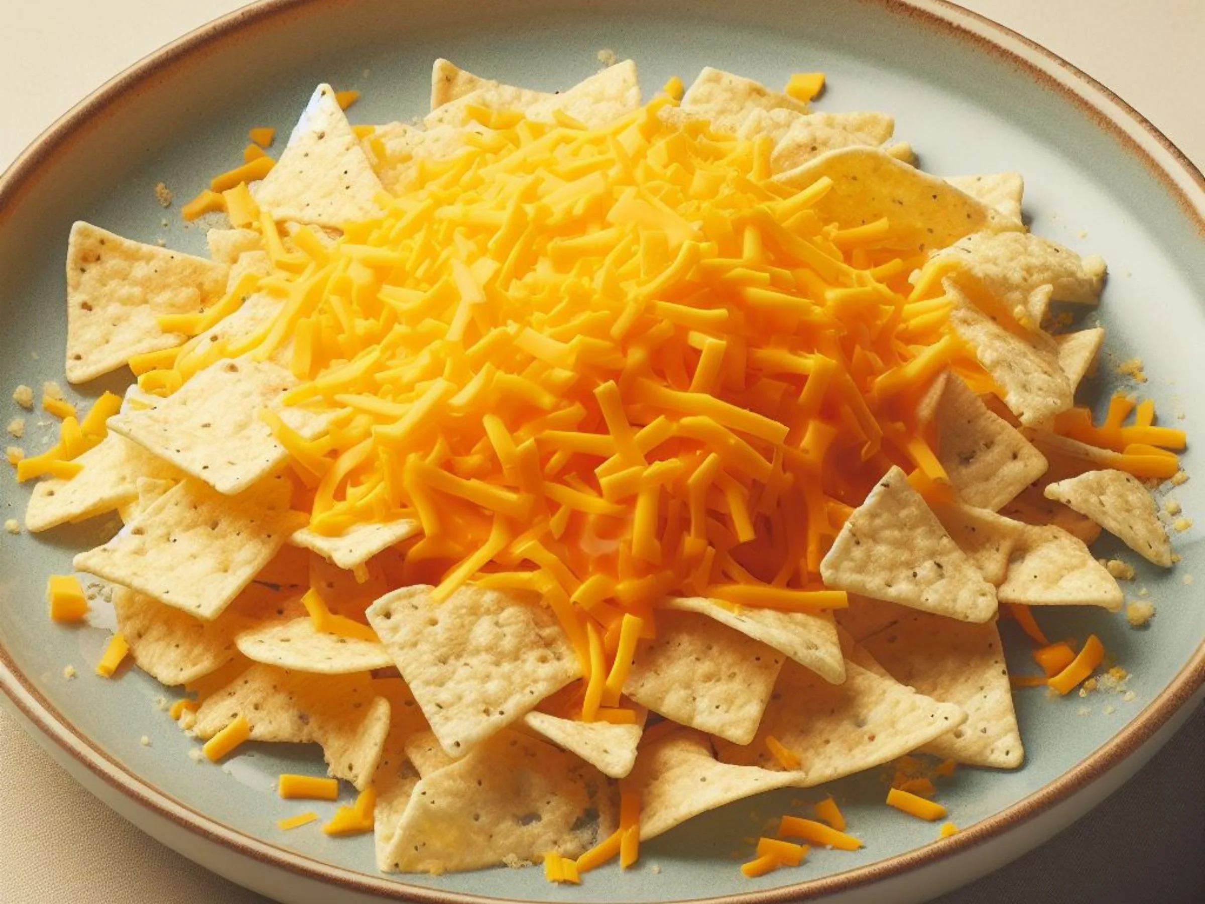 A sad looking plate of tortilla chips topped with shredded cheddar cheese.