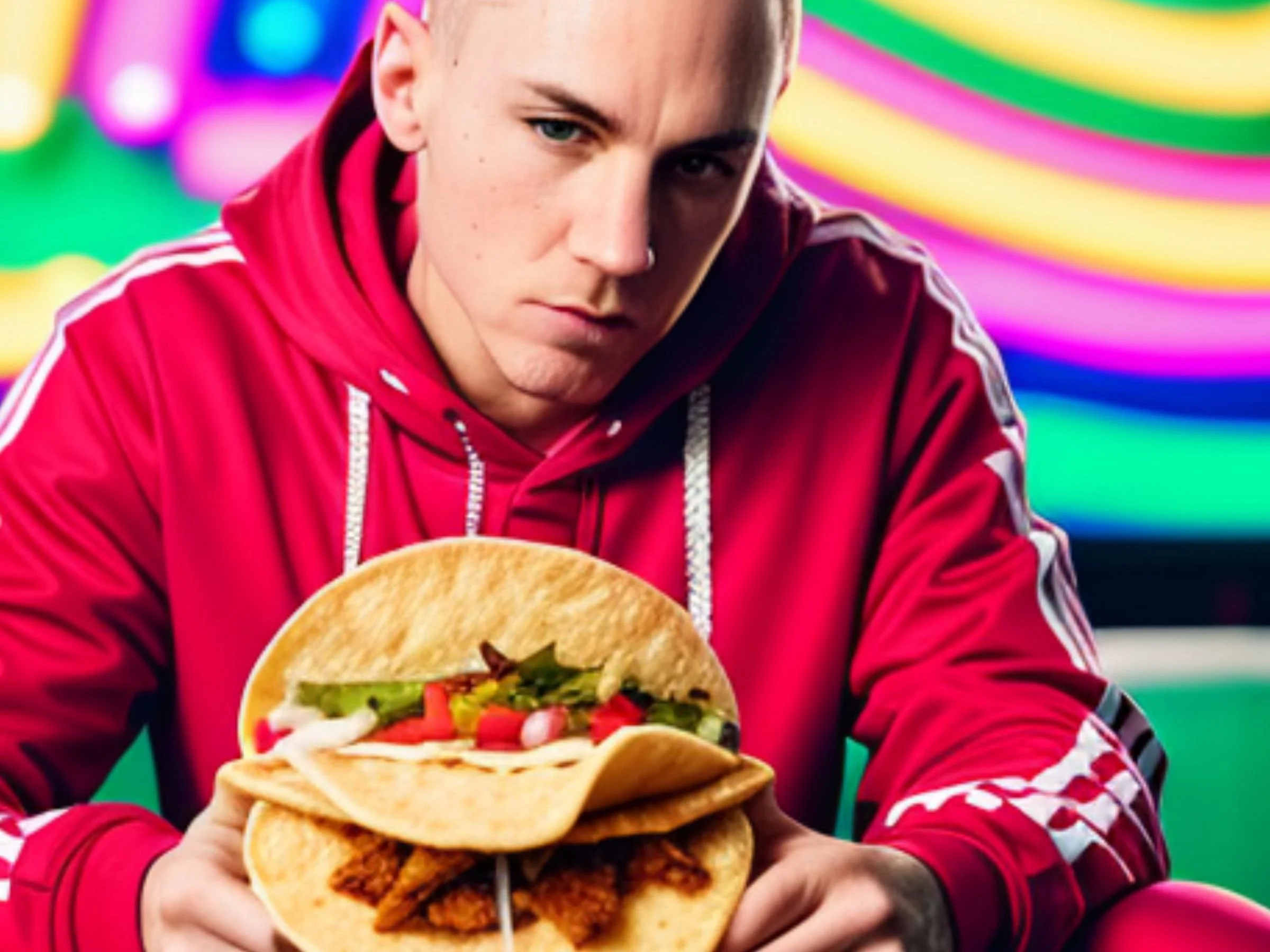 A photograph of famous rapper, Eminem with his trademark red tracksuit and big taco seated in front of a rainbow background.