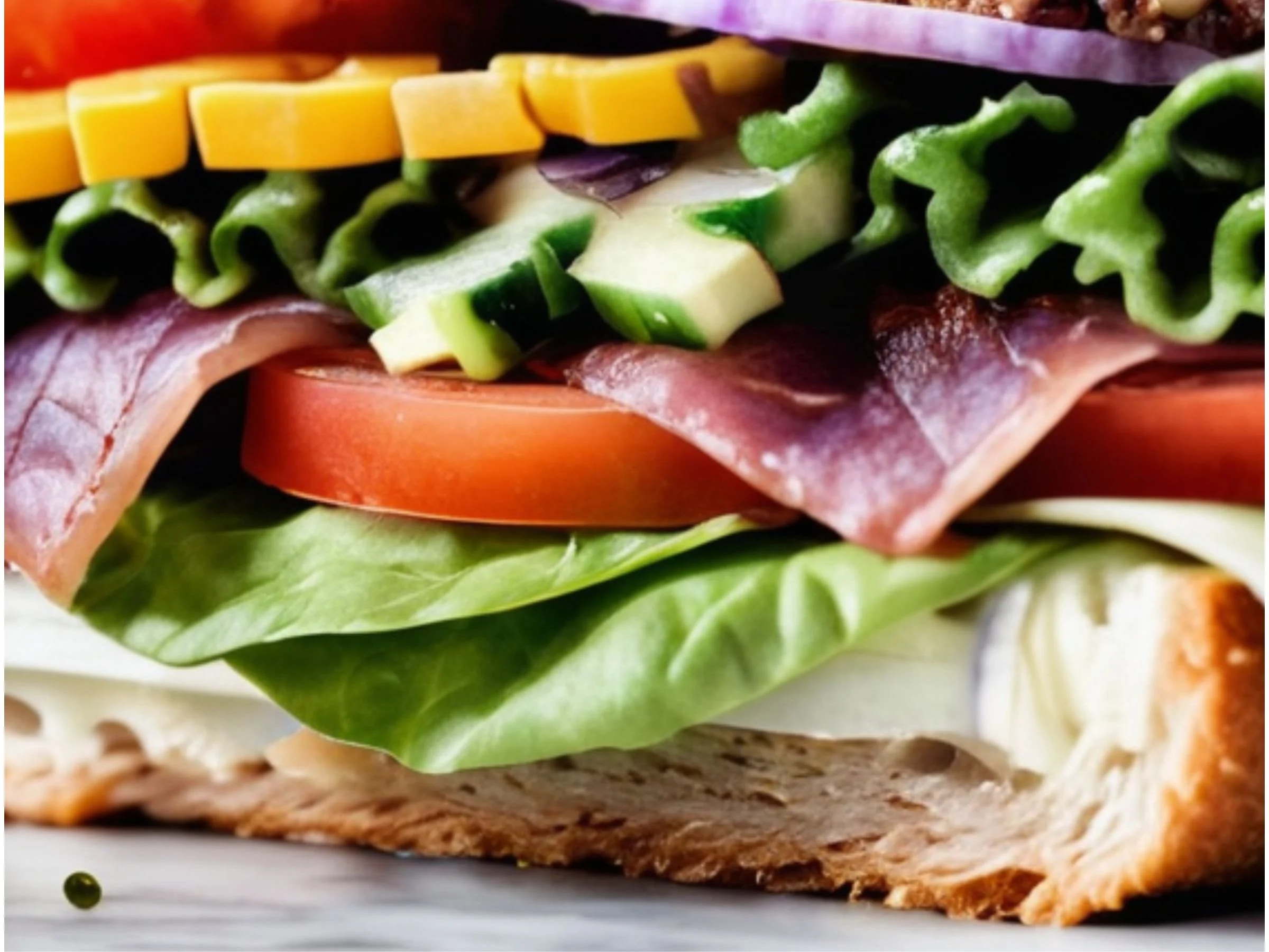 A closeup photograph of a sandwich with amultiple toppings, vegetables, meats and cheeses.