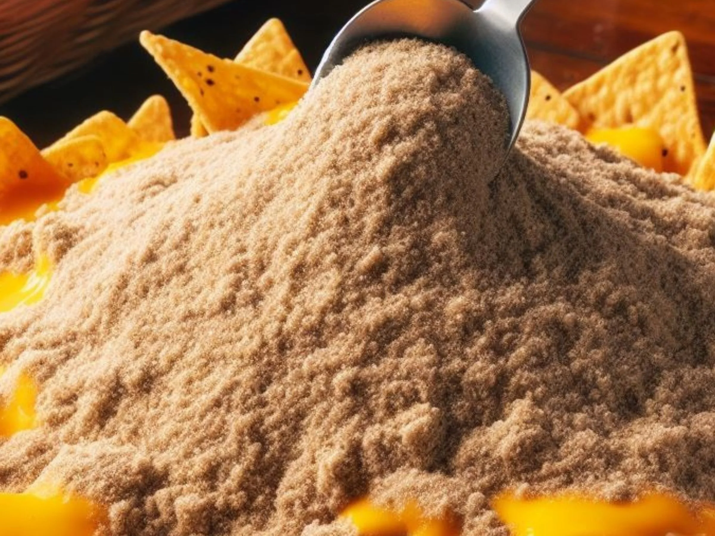 An image of a serving of nachos topped with melted queso and a large scoop of sand.