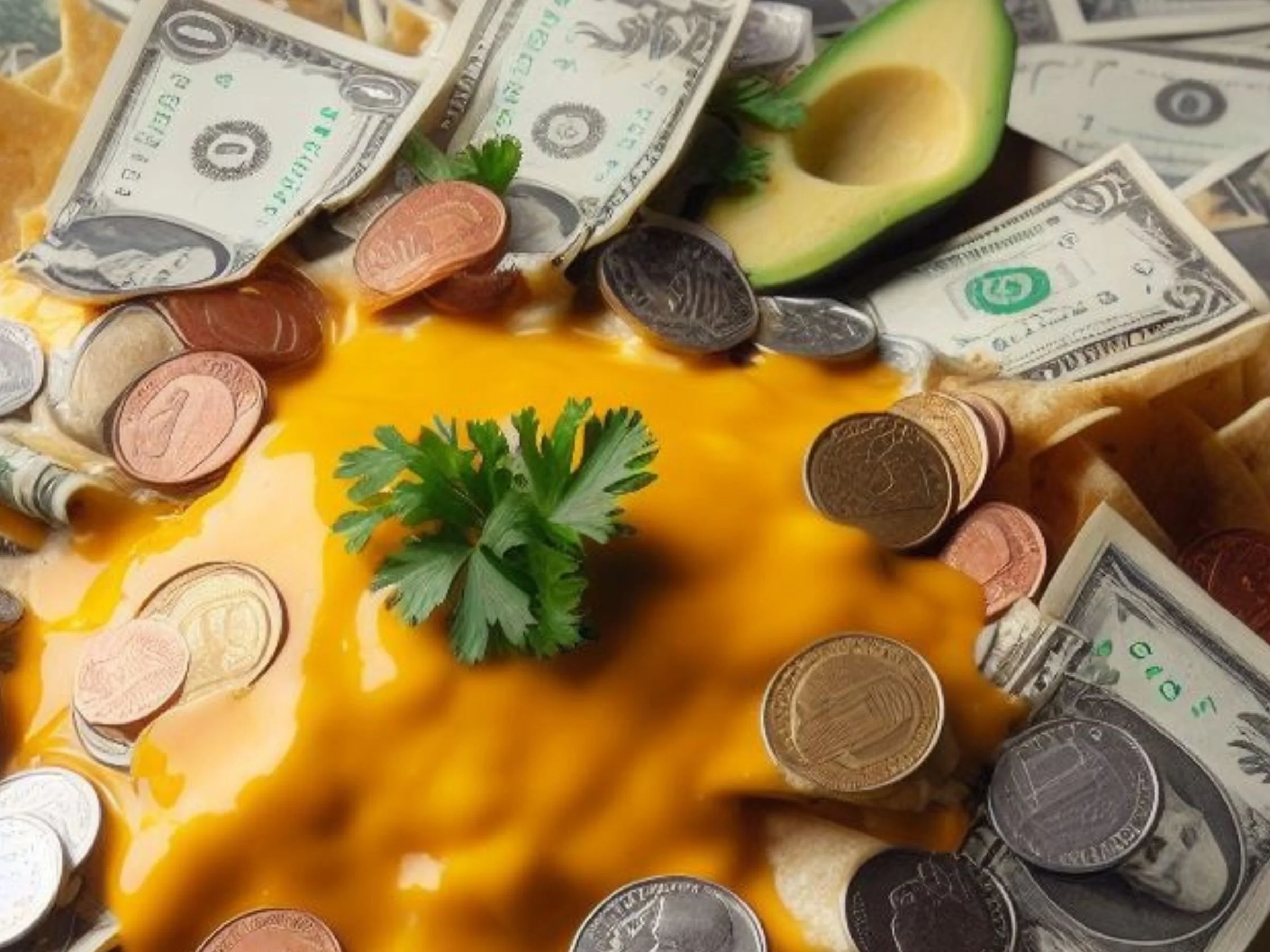 A photograph of a plate of nachos and loose change and dollar bills smothered in melted queso.