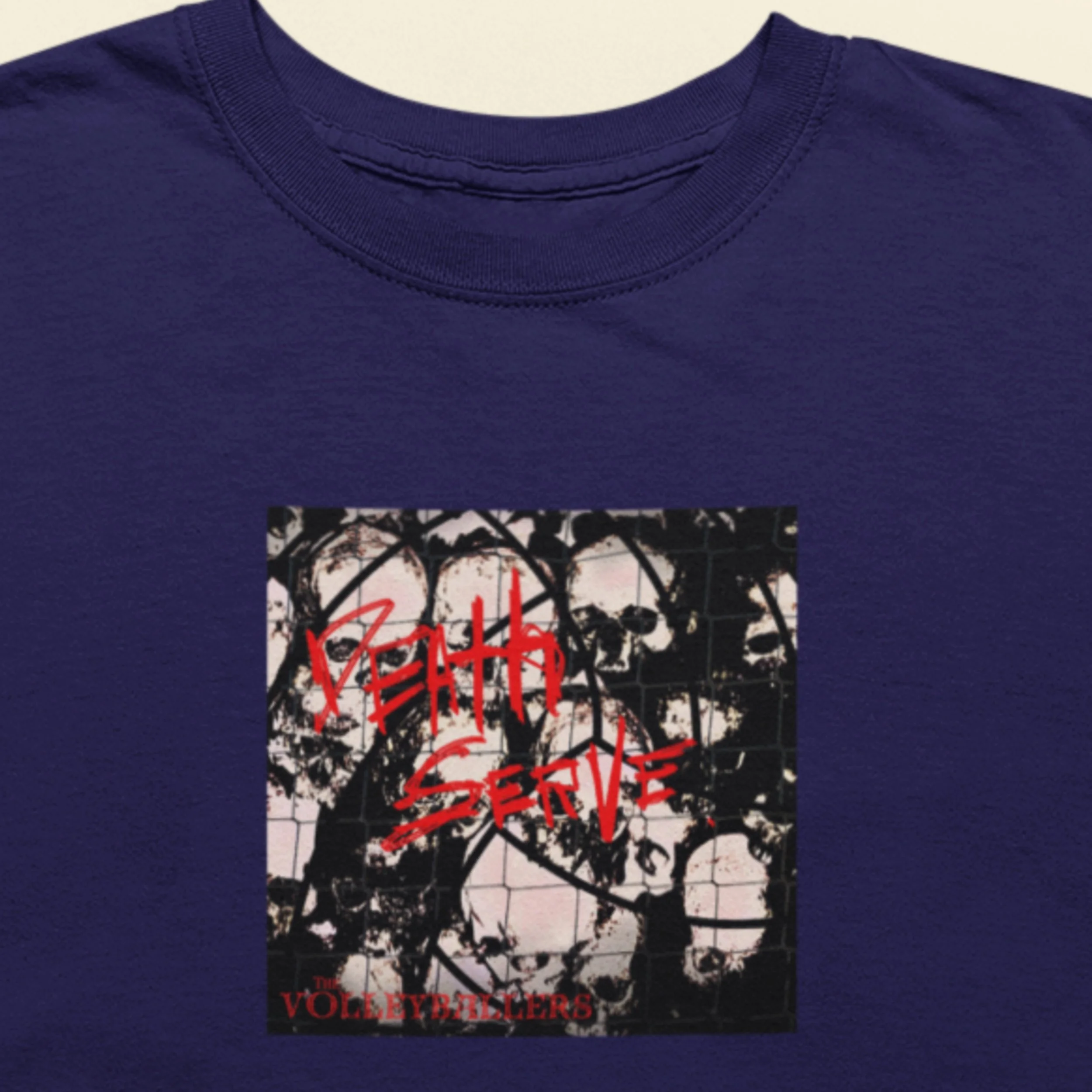 Navy blue t-shirt with an image of the Volleyballers album Death Serve.