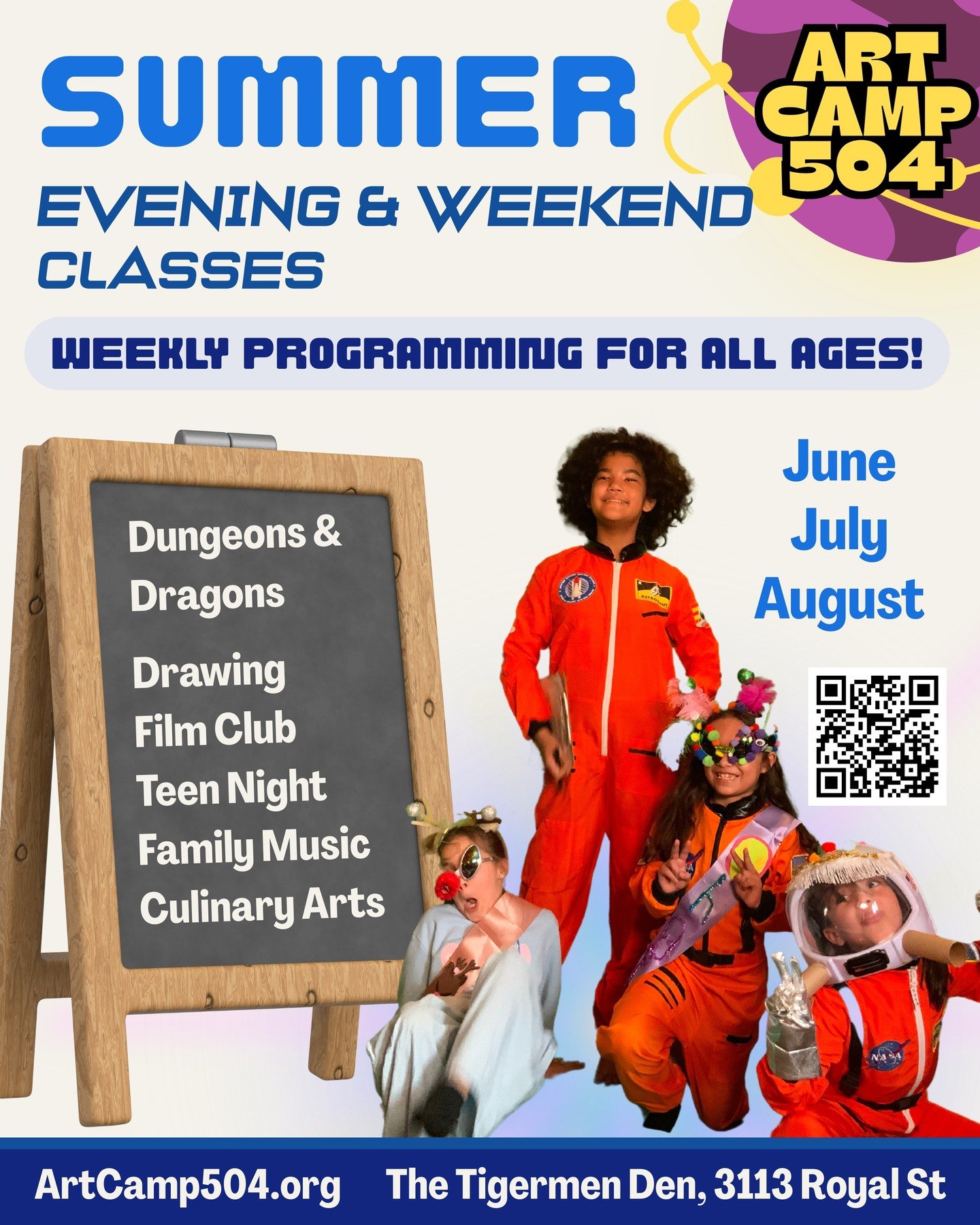 REGISTER TODAY for Summer Evening & Weekend Classes! π We’ve got a full lineup of fun, creative, small-group classes — perfect for making new friends, learning new skills, and traveling through the cosmos! Classes meet weekly through