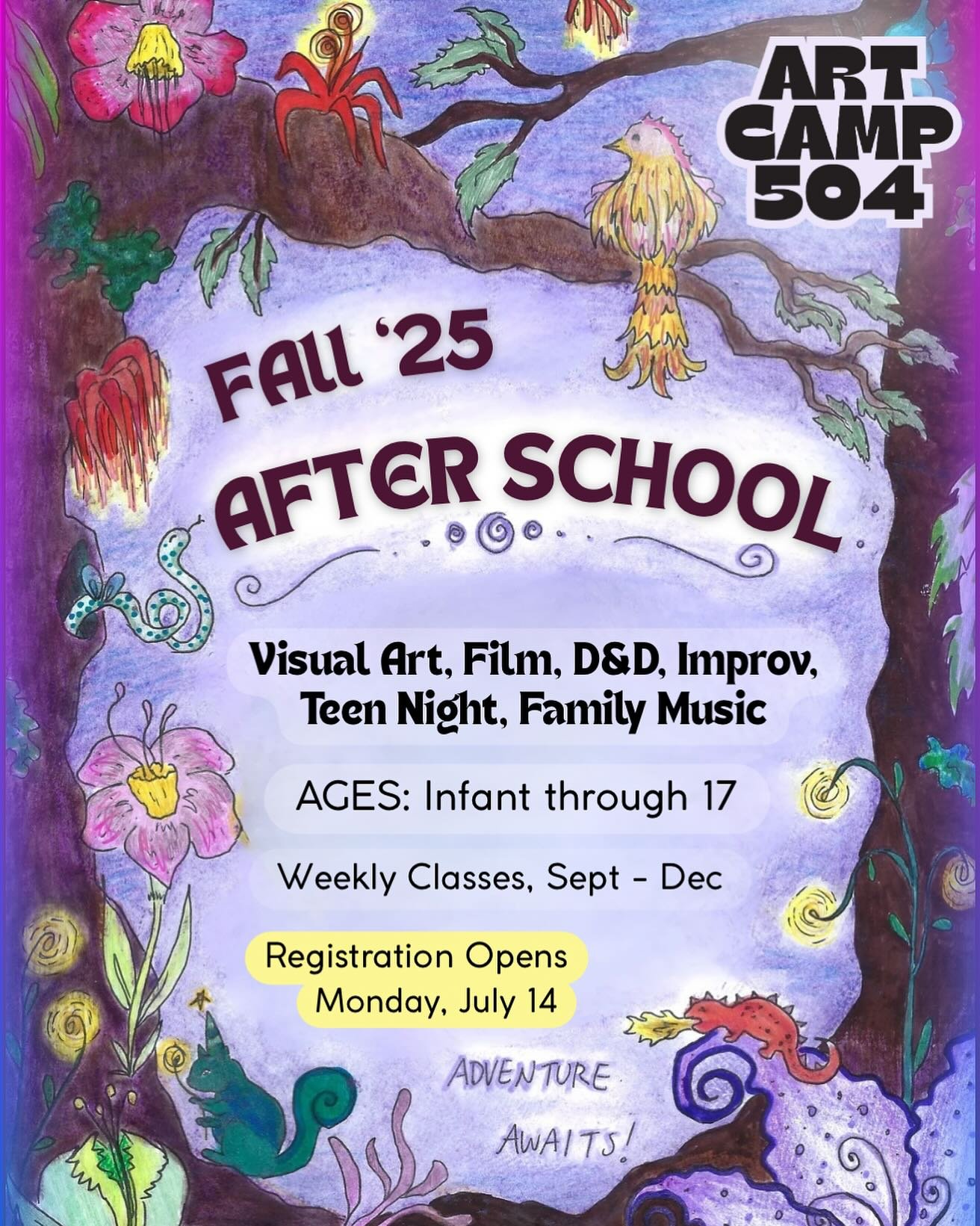 ๐ฃ Save the Date! Fall After School Registration opens MONDAY, JULY 14. Join the Stardust Krewe on an epic journey to the Creature Academy! ๐
Classes run weekly Sept–Dec at the Tigermen Den + D&D campaigns at Go 4 Games & Z’otz