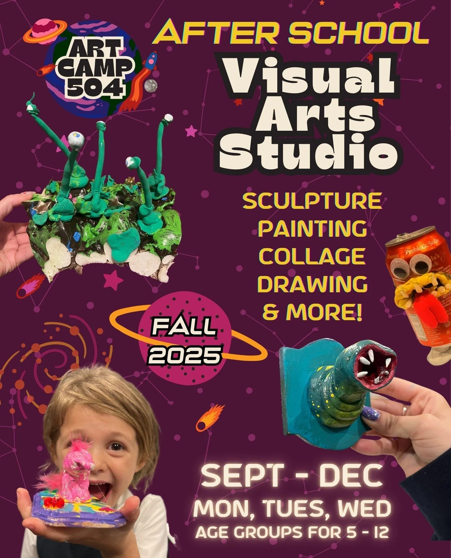Now enrolling Fall Semester Visual Arts Studio: Students explore a variety of mediums—from drawing and watercolor to mixed media, costume design, sculpture, and more. Each week, students work with Art Camp 504 teaching artists to build skills,