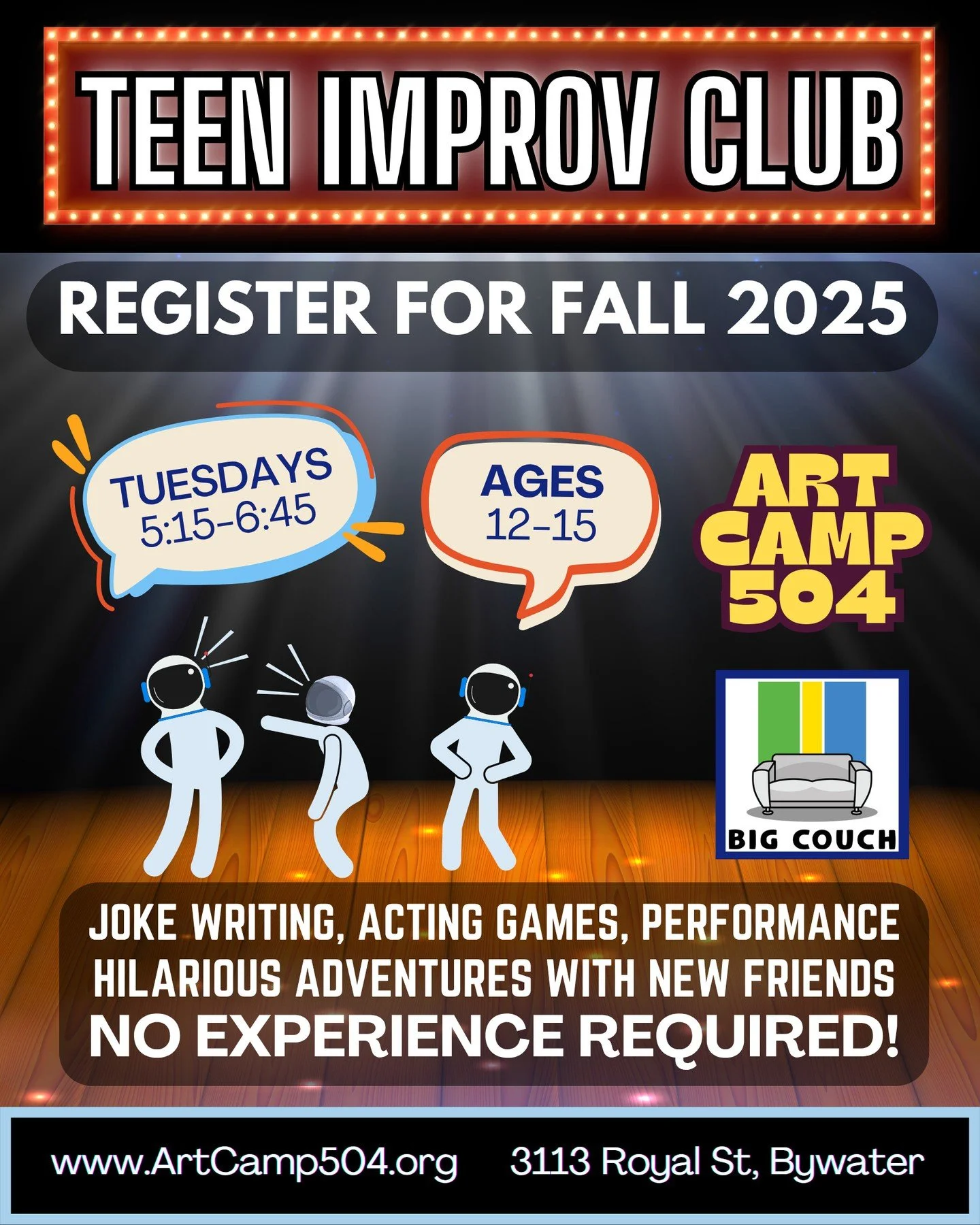 Teen Improv Club is back—and it’s funnier than ever! This high-energy class is designed for ages 12–15 who want to sharpen their wit, build confidence, and explore the wild world of improv comedy. Think fast-paced games, big laughs,