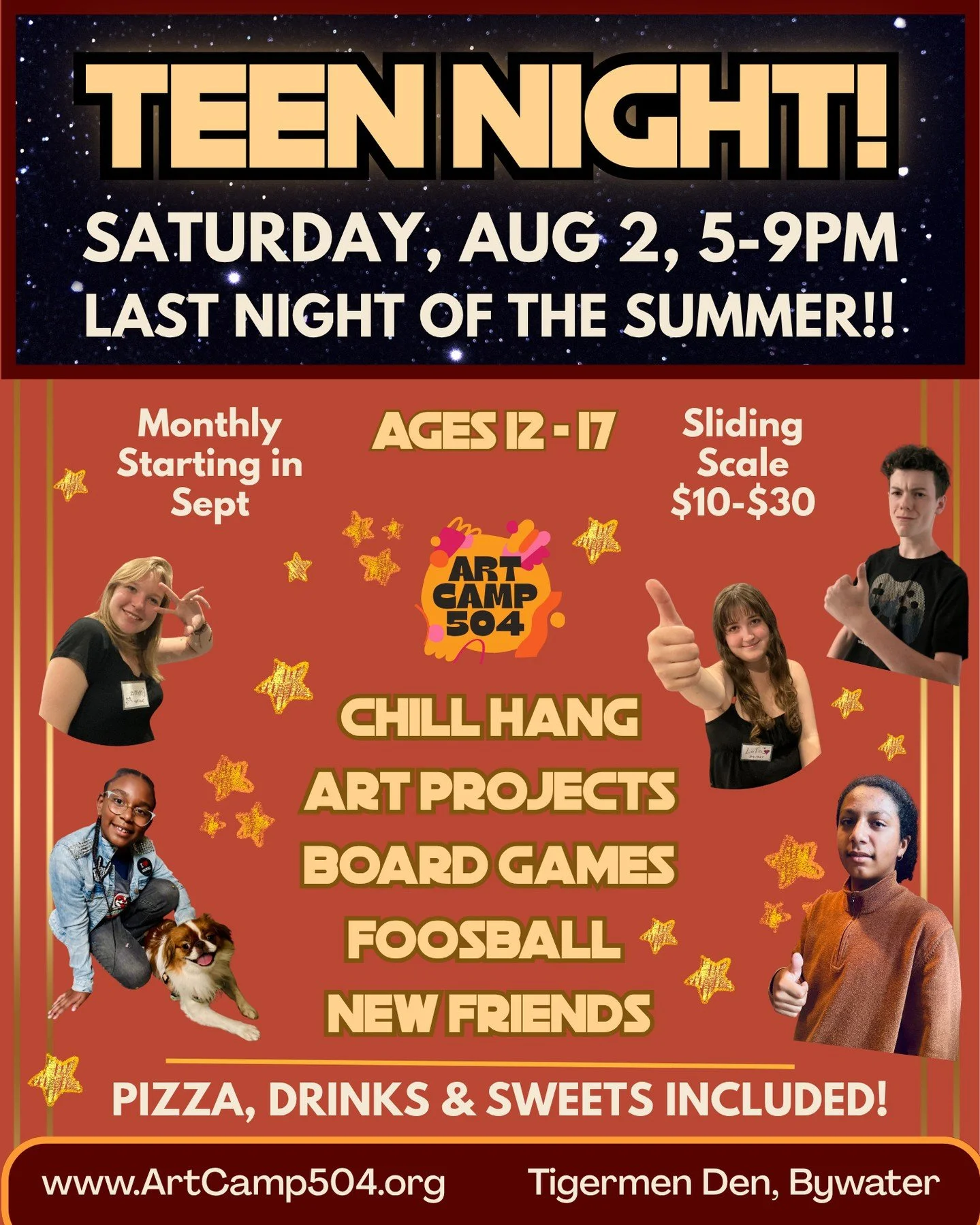 LAST TEEN NIGHT OF THE SUMMER! Saturday, Aug 2, 5-9pm. Teen Night continues monthly starting in September 🌟
A chill hang with art projects, foosball, board games, mask making... and MORE! Pizza (gf and vegan available), drinks and sweets include