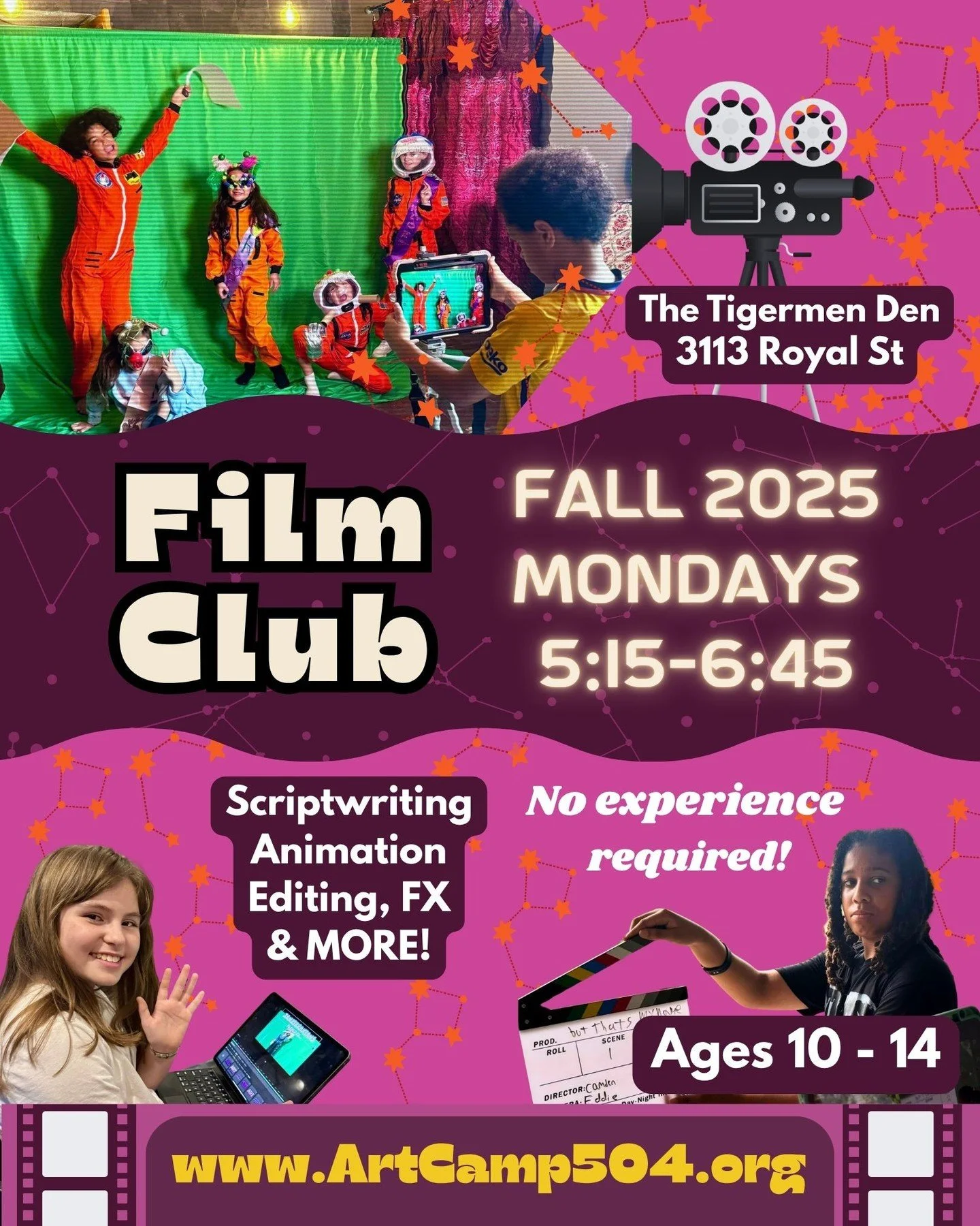 🎬 Film Club 🎬 Lights, camera, action! In this digital media class, young filmmakers will dive into the world of cinema—from classic Hollywood to indie favorites and international gems. We’ll watch, analyze, and break down iconic scenes