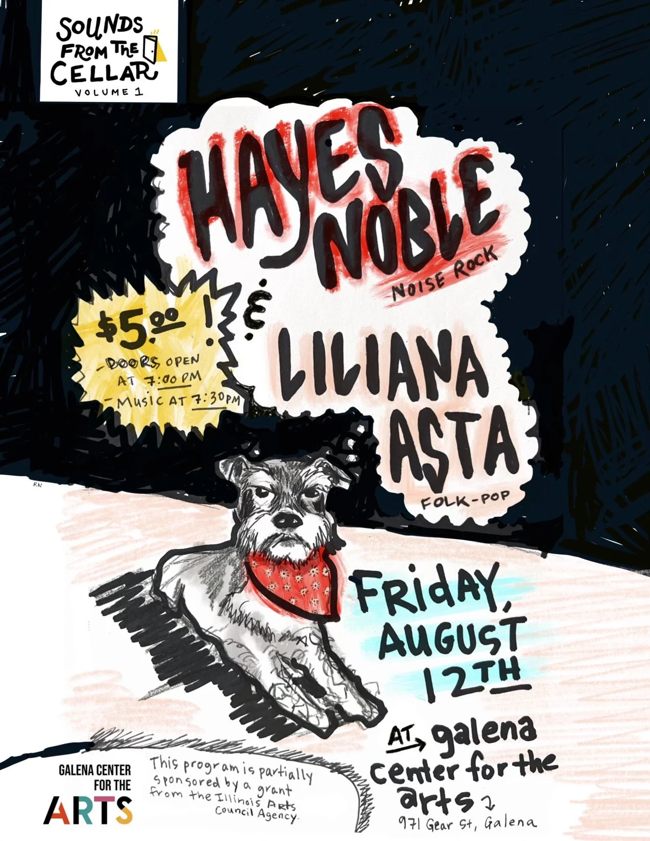 Hand-drawn poster advertising a music event called 'Haves and Nobles' Noise Rock featuring Liliana Asta, scheduled for Friday, August 12, at Galena Center for the Arts. The poster includes a sketch of a dog with a red bandana, event details, and a no