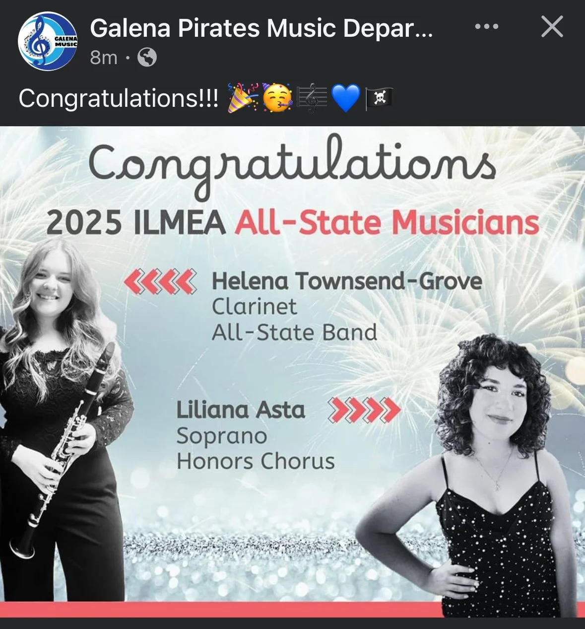 Celebratory graphic for the 2025 ILMEA All-State Musicians, featuring black-and-white photos of two young women, one holding a clarinet and the other standing confidently, with fireworks and a glittery background, indicating a music award achievement