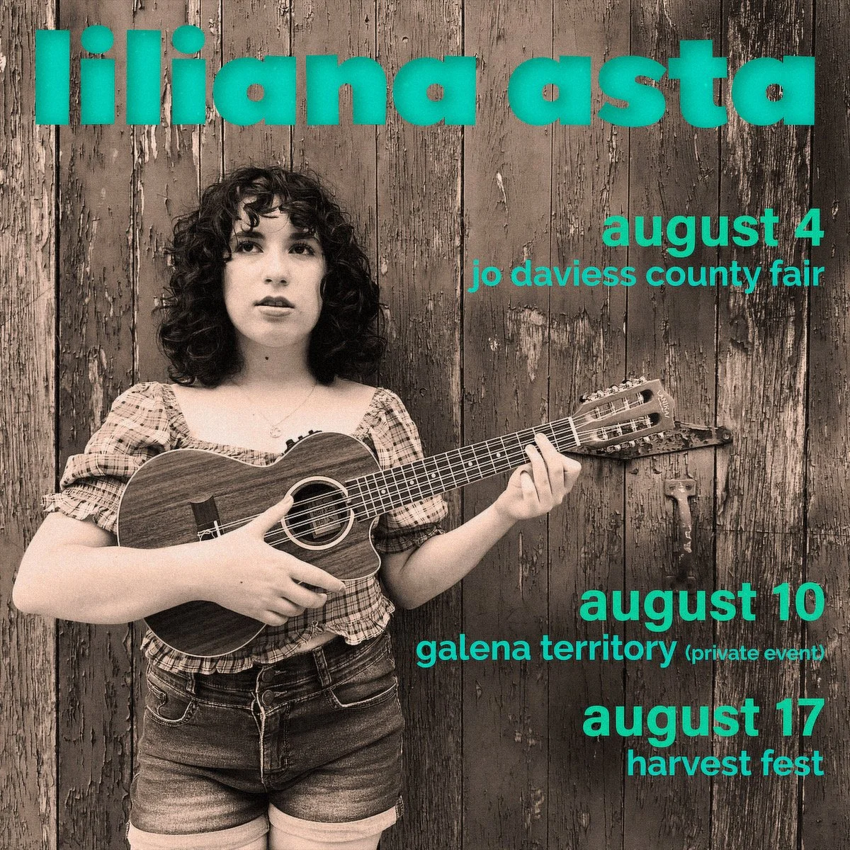 Black and white photo of a woman with curly hair playing a ukulele in front of a wooden wall, with event details in teal text on the right side.