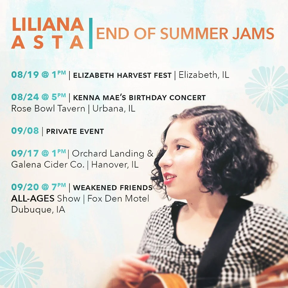Poster advertising Liliana Asta's end of summer jams events in Illinois and Iowa, with date, time, and location details, featuring a woman with short curly hair playing guitar.