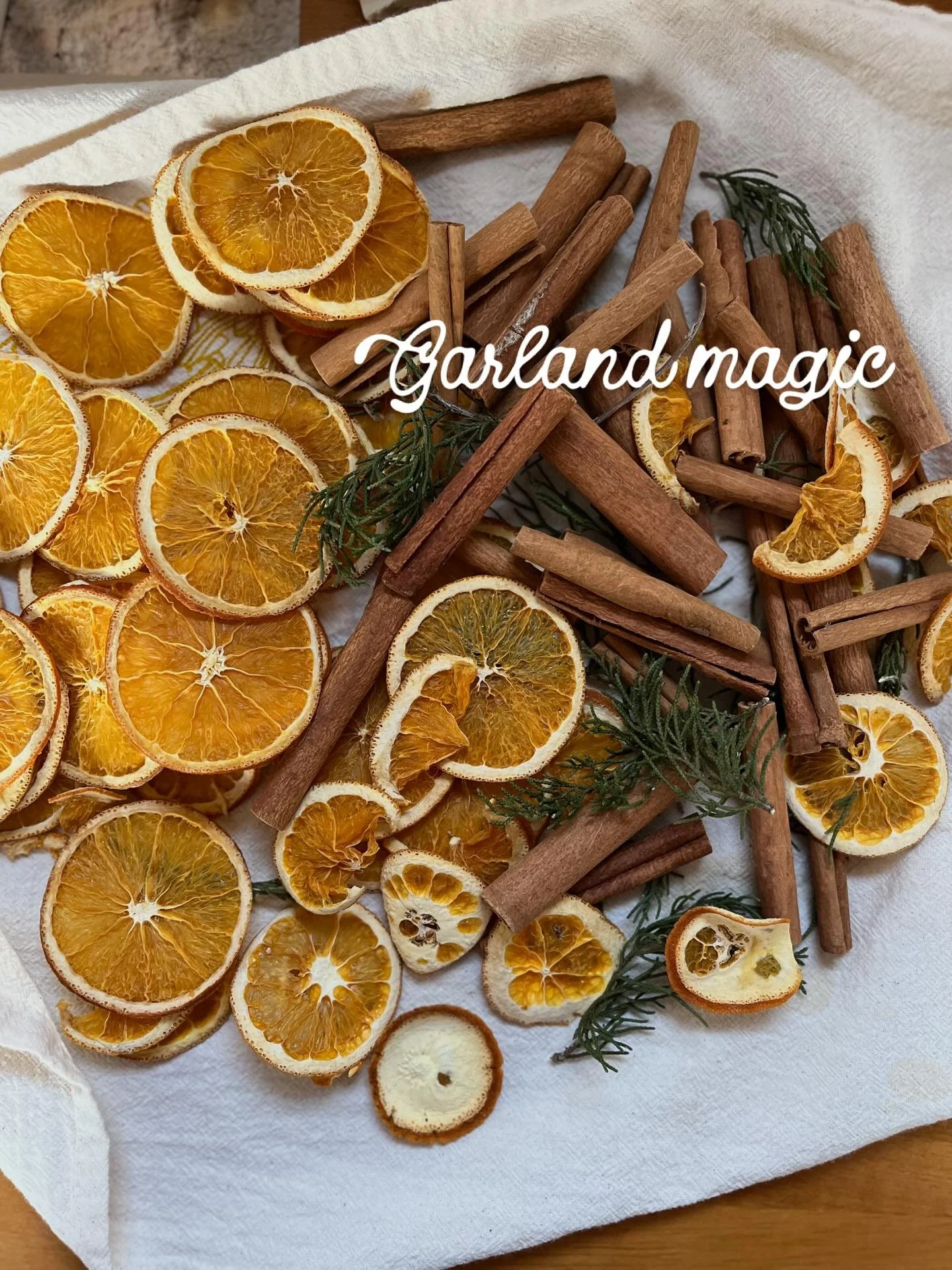 I created a garland for my house yesterday using dried oranges, cinnamon sticks, and cedar sprigs. I made salt dough ornaments and painted them gold. Manifesting the sun, still loving the long moonlit nights. Might add some cranberries. But enjoying 