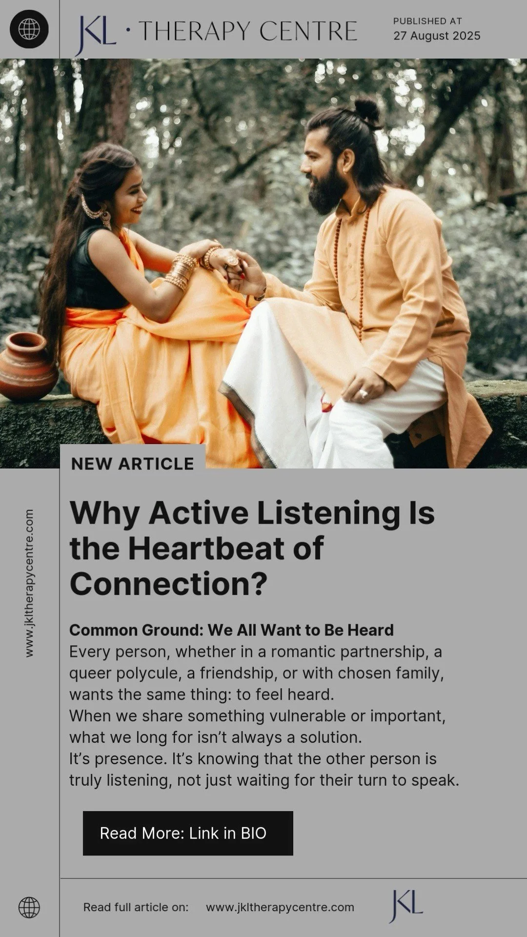 Why Active Listening Is the Heartbeat of Connection
New article just dropped from JKL Therapy Centre, penned by psychotherapist Justyna Kulczyk-Lewinska. Discover how active listening isn’t just hearing, it’s honoring, presence, and creat