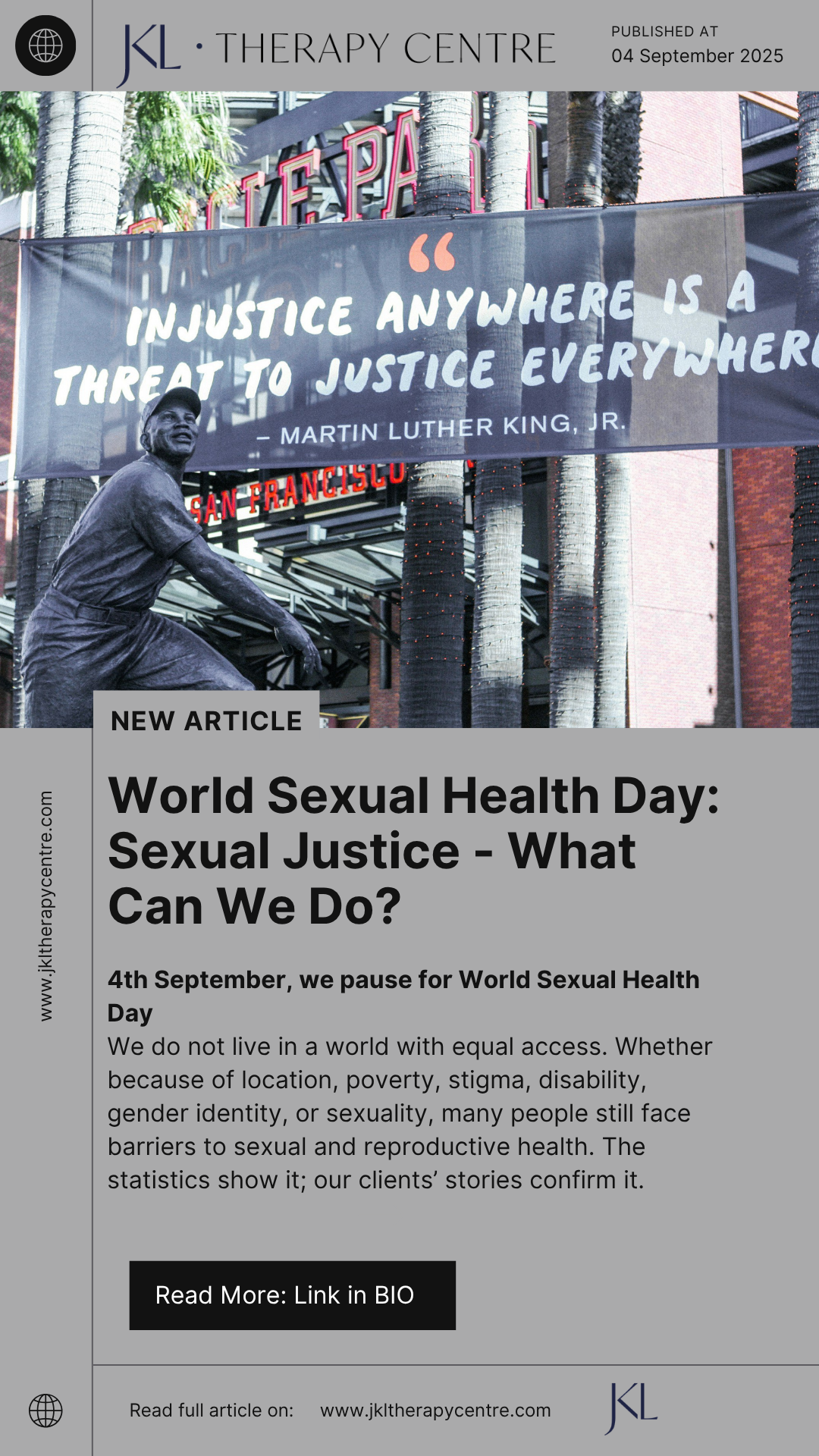 A billboard with a statue of Martin Luther King Jr. and a quote, along with an article about World Sexual Health Day.