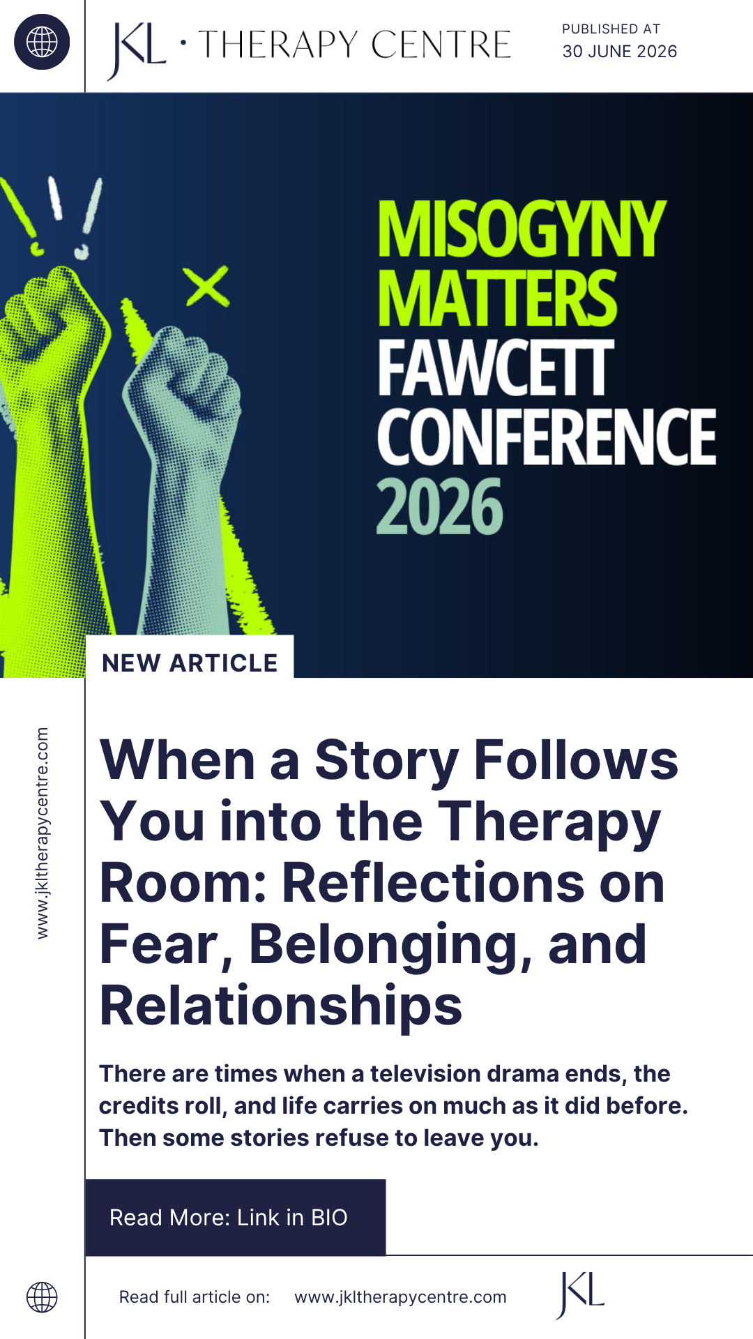 Poster for the 2026 Misogyny Matters Fawcett Conference organized by JL Therapy Centre, published on June 30, 2026. The poster features an illustration of two raised fists, one in green and one in blue, with exclamation marks and a starburst effect. 