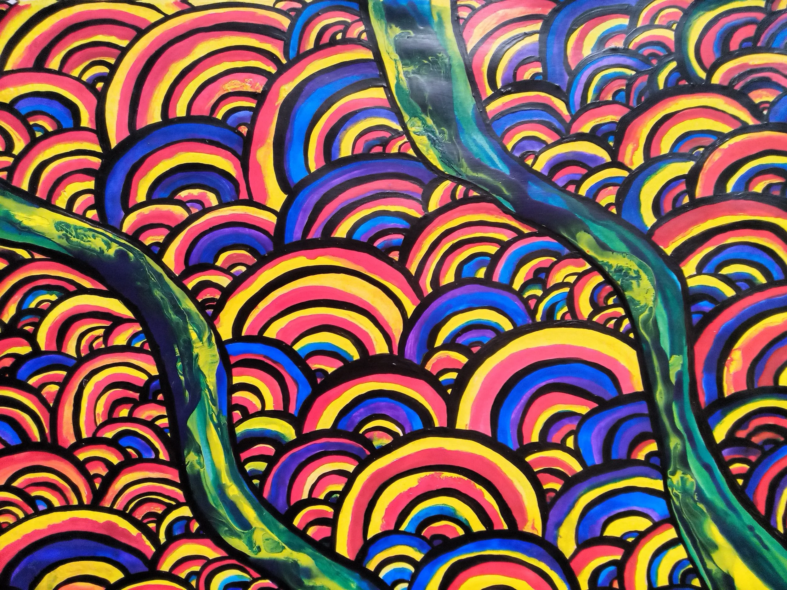 Colorful abstract painting featuring a pattern of concentric semi-circles in pink, yellow, blue, and purple, with two large green and black intertwined serpents or vines weaving through the pattern.