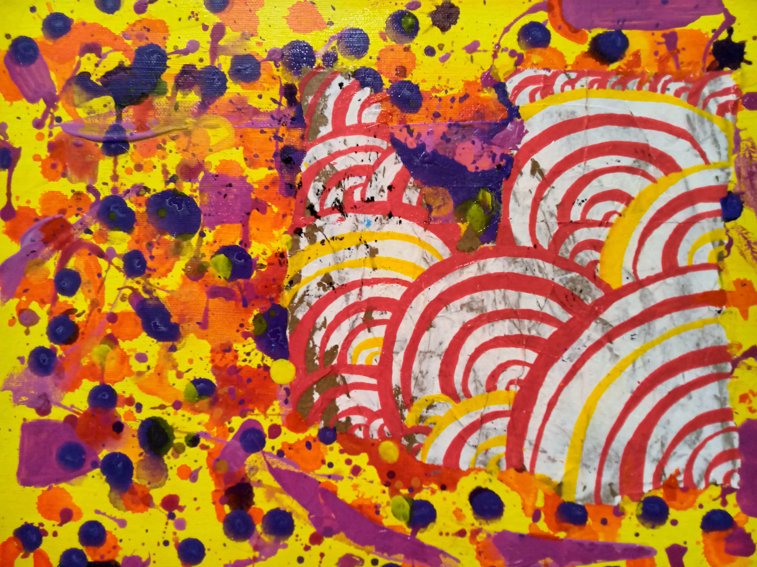 Abstract painting with a yellow background, purple dots and splashes, and overlapping semi-circular red, yellow, and brown patterns.