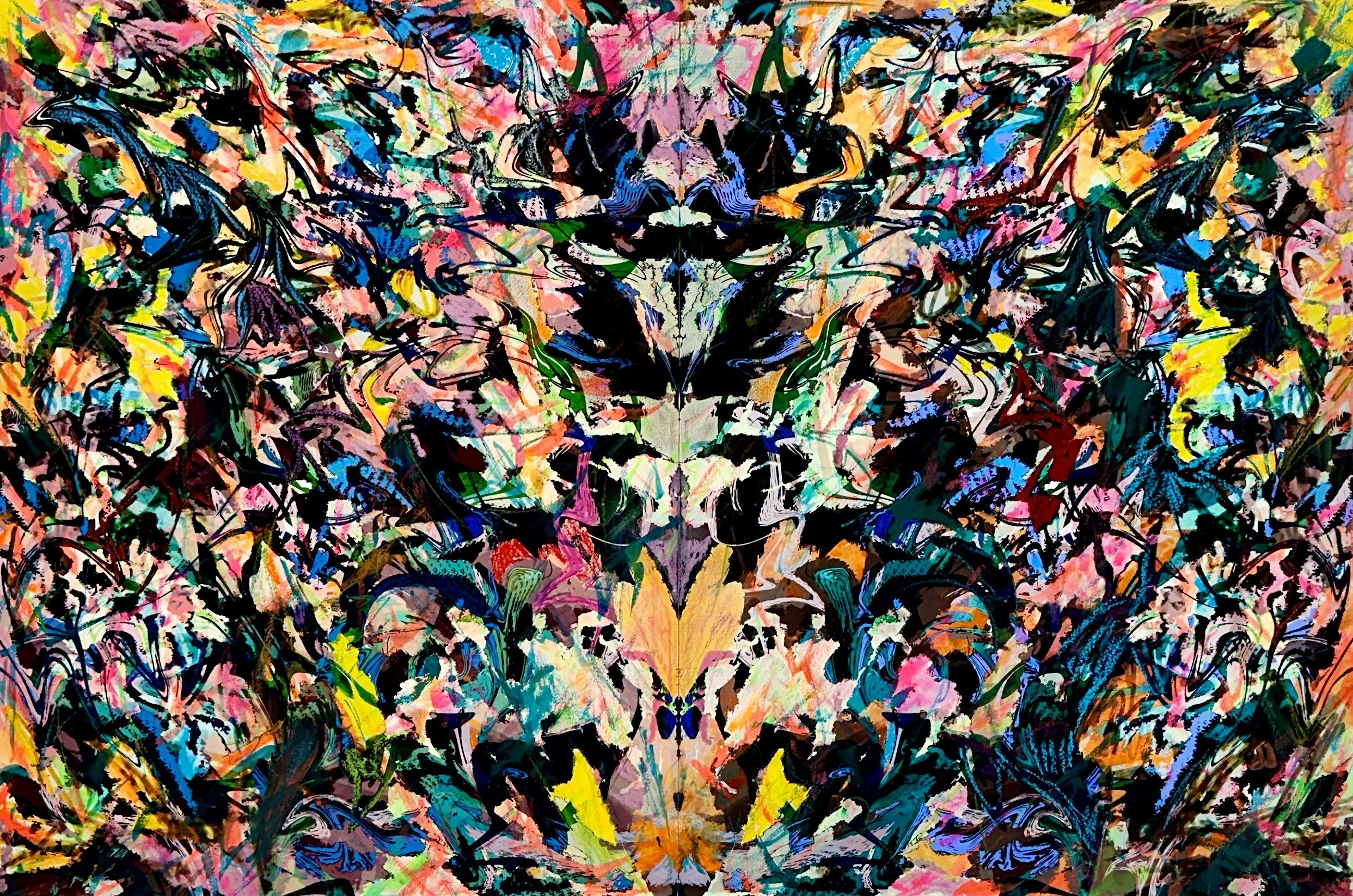 A vibrant, abstract symmetrical artwork with vivid colors including pink, blue, yellow, green, and black, resembling a kaleidoscope pattern.