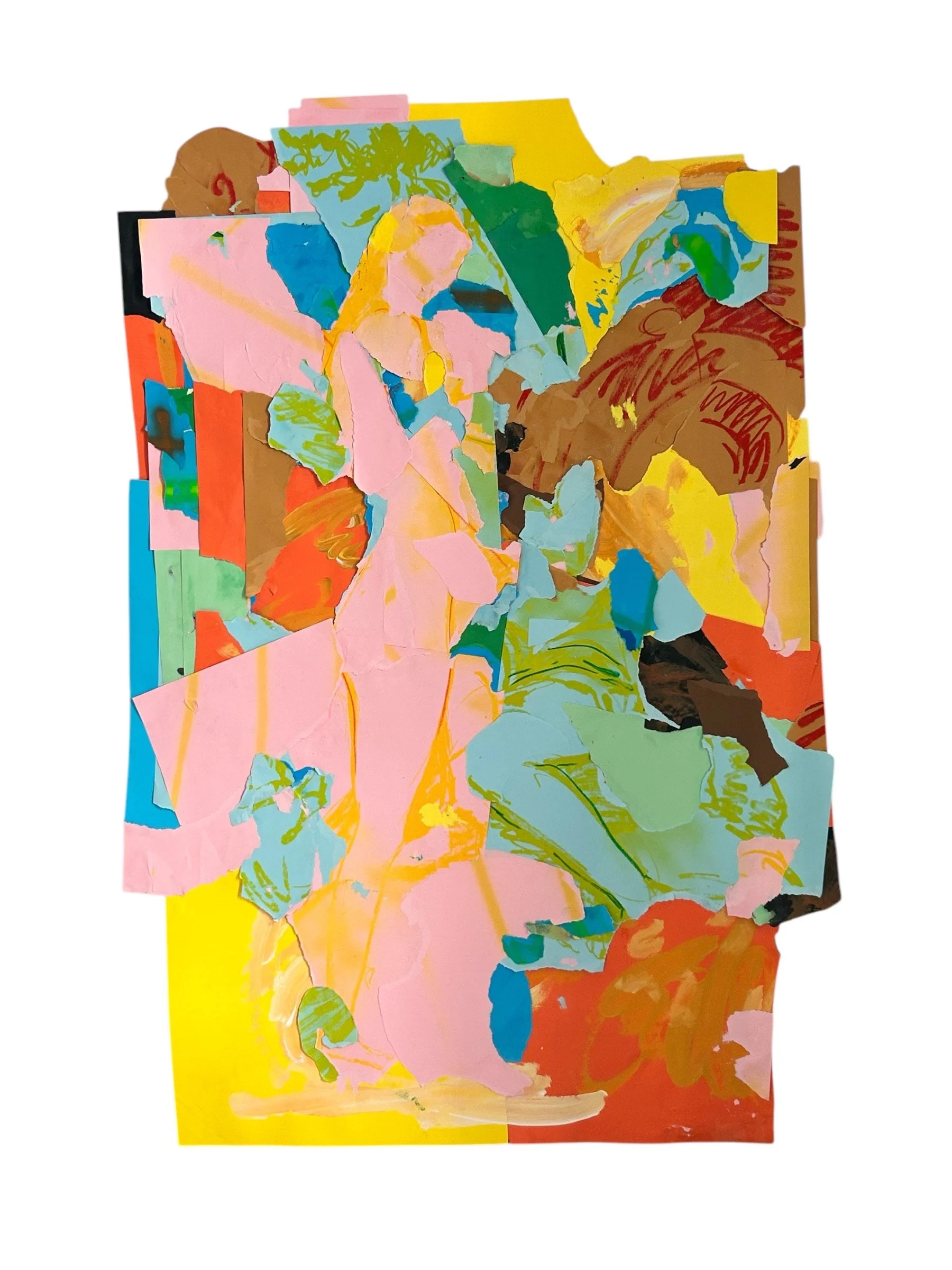 A collage of torn and painted paper pieces arranged in an abstract composition with vibrant colors, including pink, yellow, blue, green, orange, and brown.
