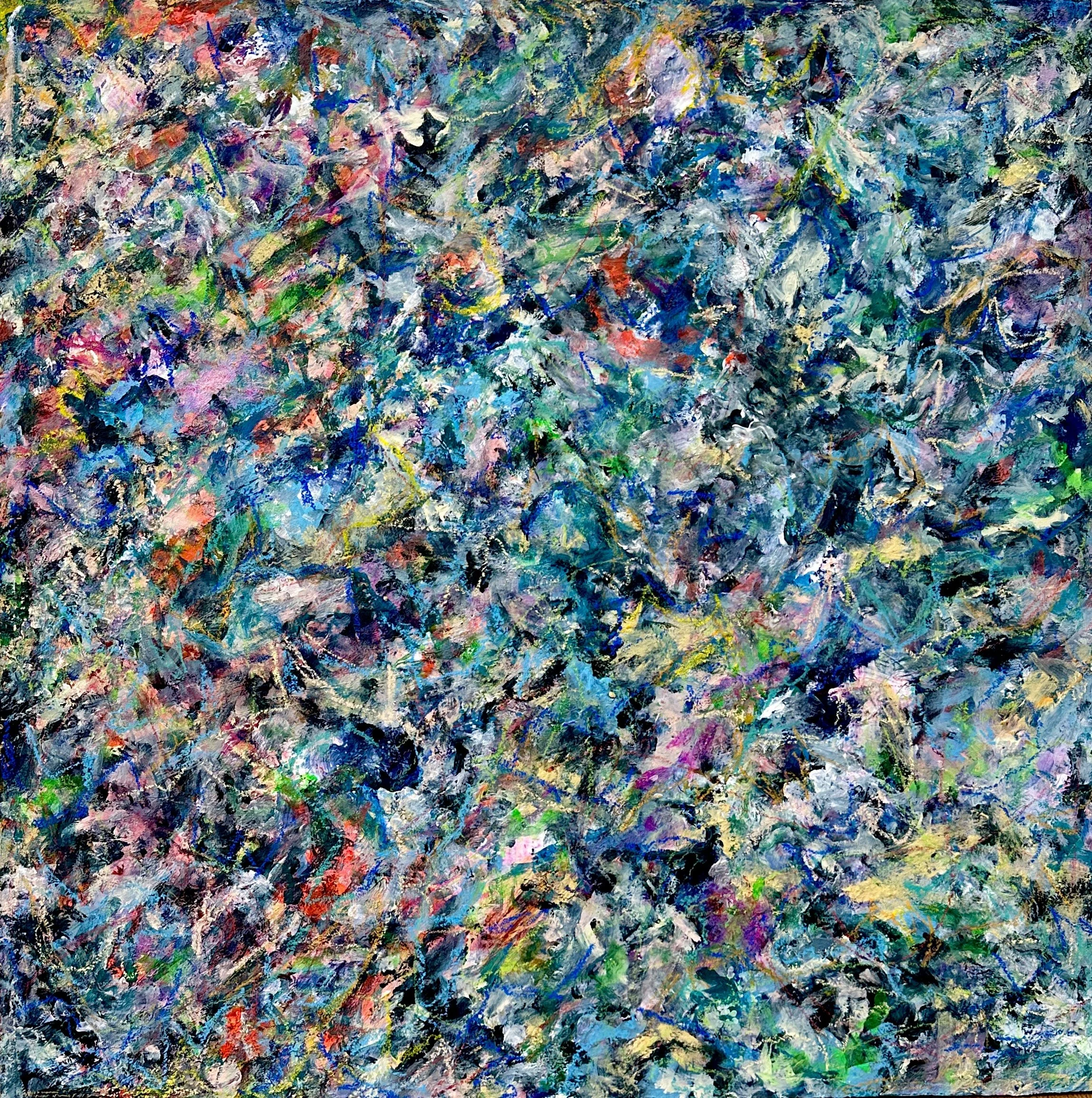 Abstract expressionist painting with swirling splashes of bright colors including blues, greens, pinks, and purples.
