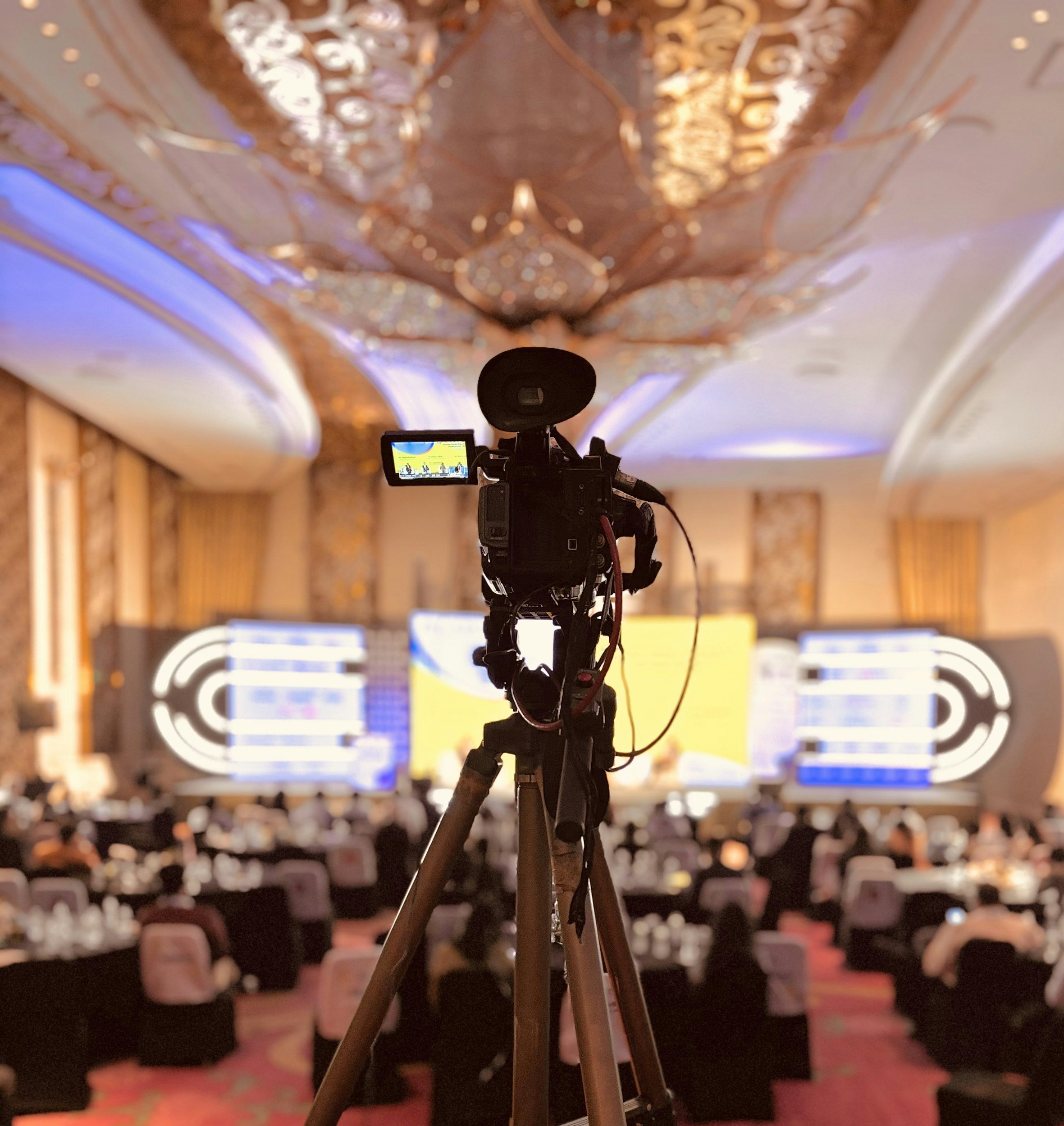 a pictures shows the back of a video camera at a convention event
