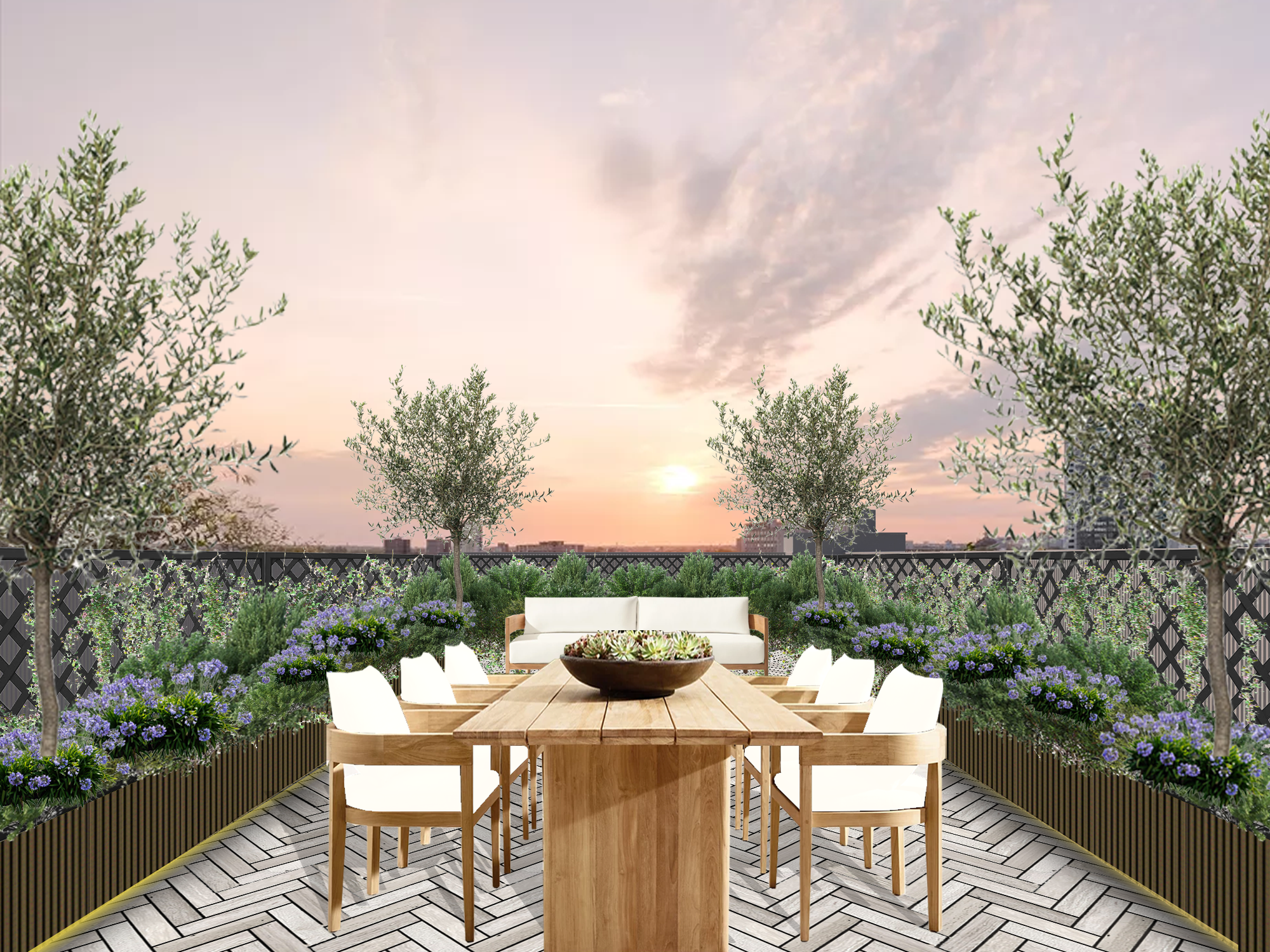 Rooftop garden with a wooden dining table, eight chairs, a central decorative bowl, potted trees, purple flowers, green shrubs, a black lattice fence, and a sunset sky.