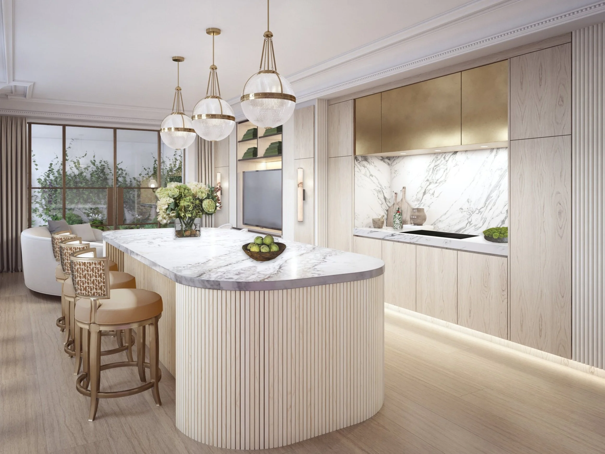 Modern kitchen with white marble island, gold accents, pendant lights, beige bar stools, and minimal decor.