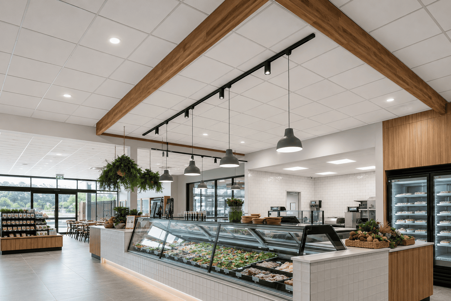 Fenta Ceiling Tile installed in supermarket delicatessen