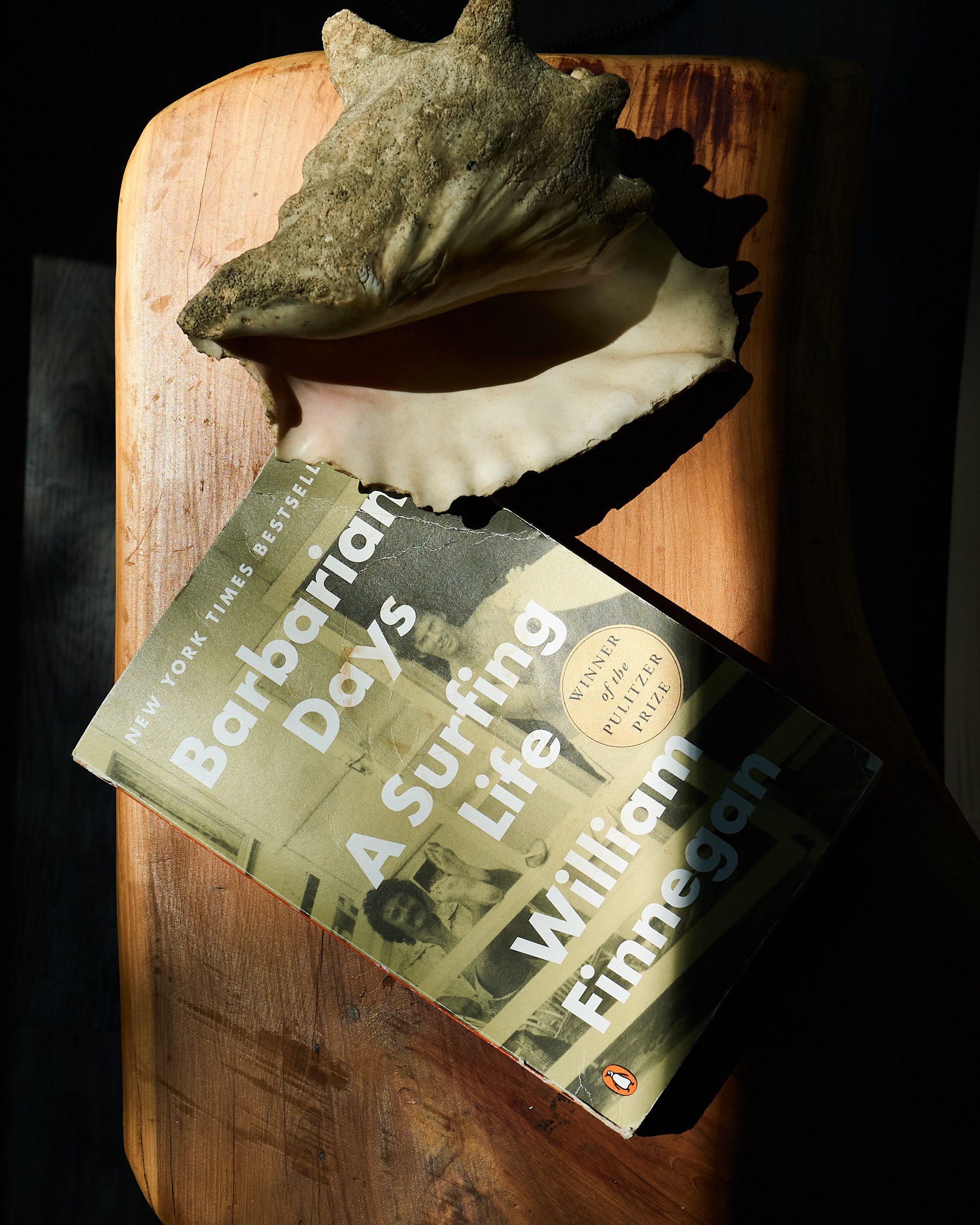 Book "Barbarian Days: A Surfing Life" by William Finnegan next to a conch shell on a wooden surface.