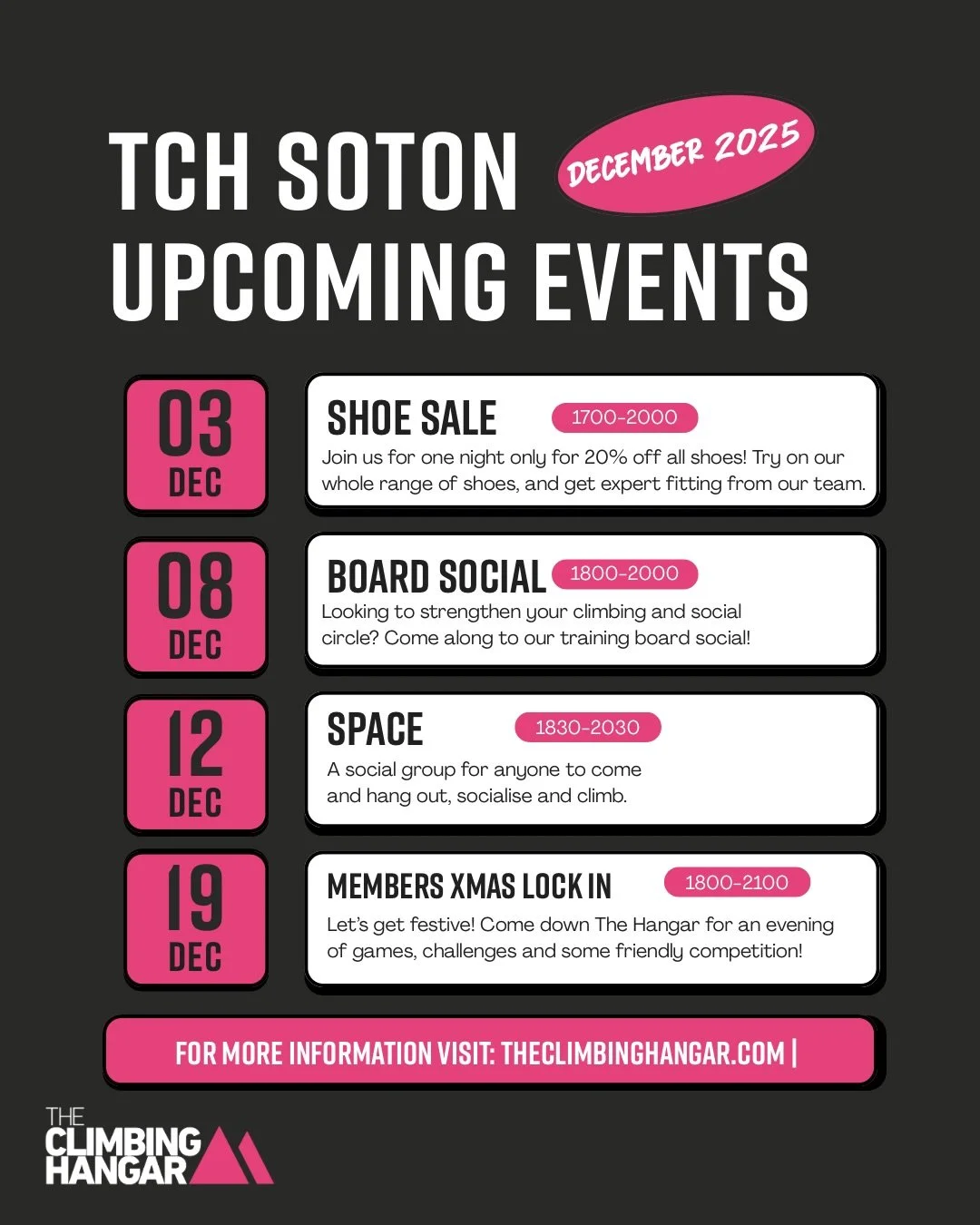 🎄&lsquo;Tis the season! We have loads going on at Southampton this month - get mega savings at our shoe sale and show off your fresh pair at our members only lock in! In between, join our socials to improve your climbing and expand your squad, all i