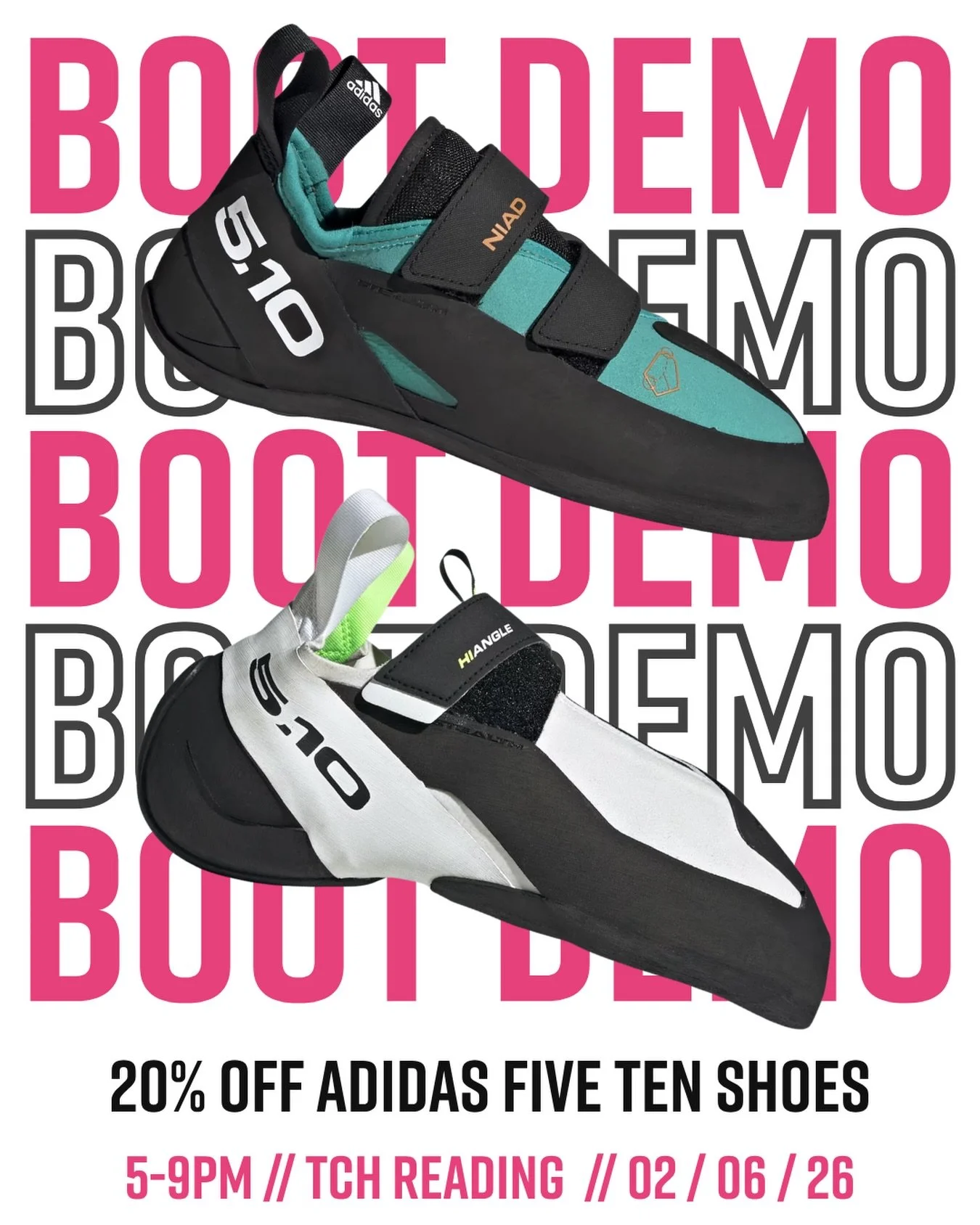Adidas Boot Demo coming up! We&rsquo;ve got @adidasfiveten coming in with a wide range of shoes for you to checkout, try on and climb in! We&rsquo;ll also have 20% off their shoes for that evening only! So come and check it out on Tuesday the 2nd of 