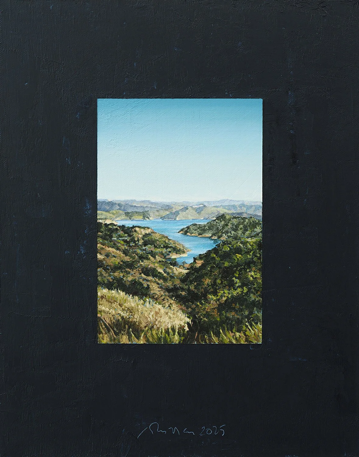 Painting of a scenic landscape viewed through a black frame, featuring a blue lake, green hills, and a clear sky.