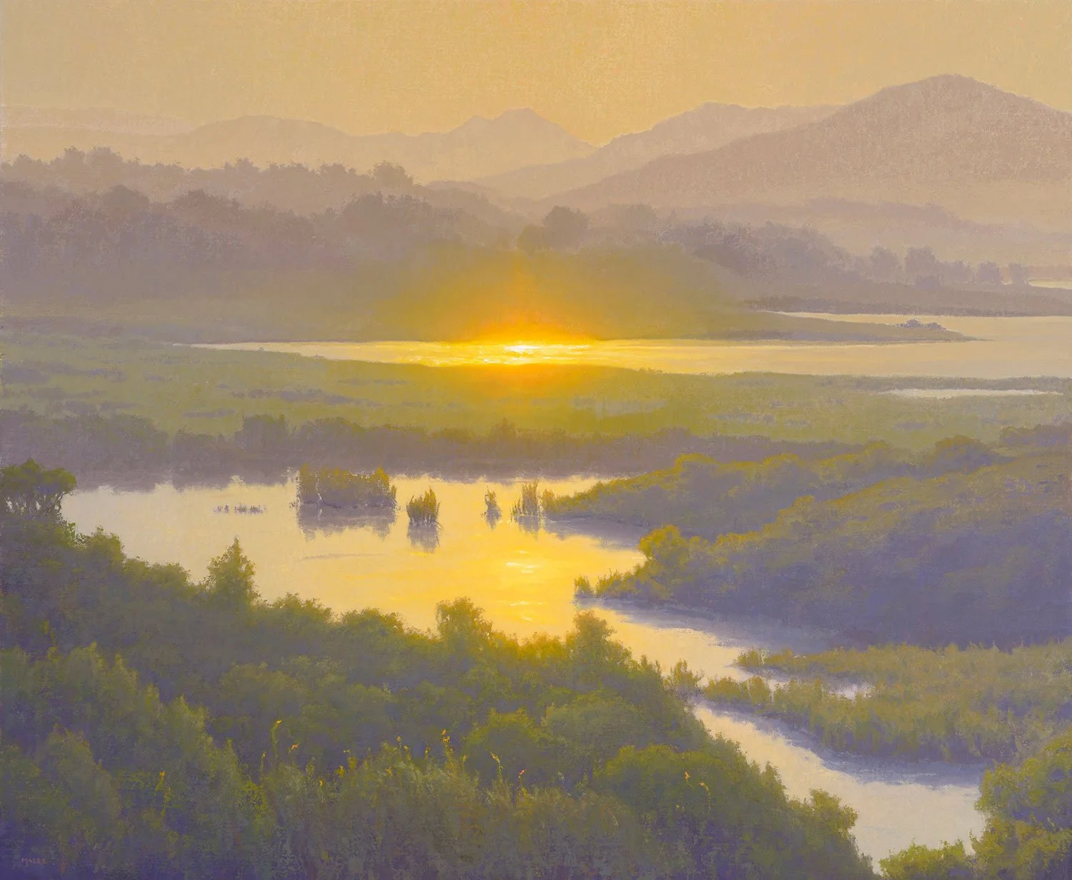Painting of a landscape at sunset with a river winding through green fields, trees, and distant mountains under a yellow sky.
