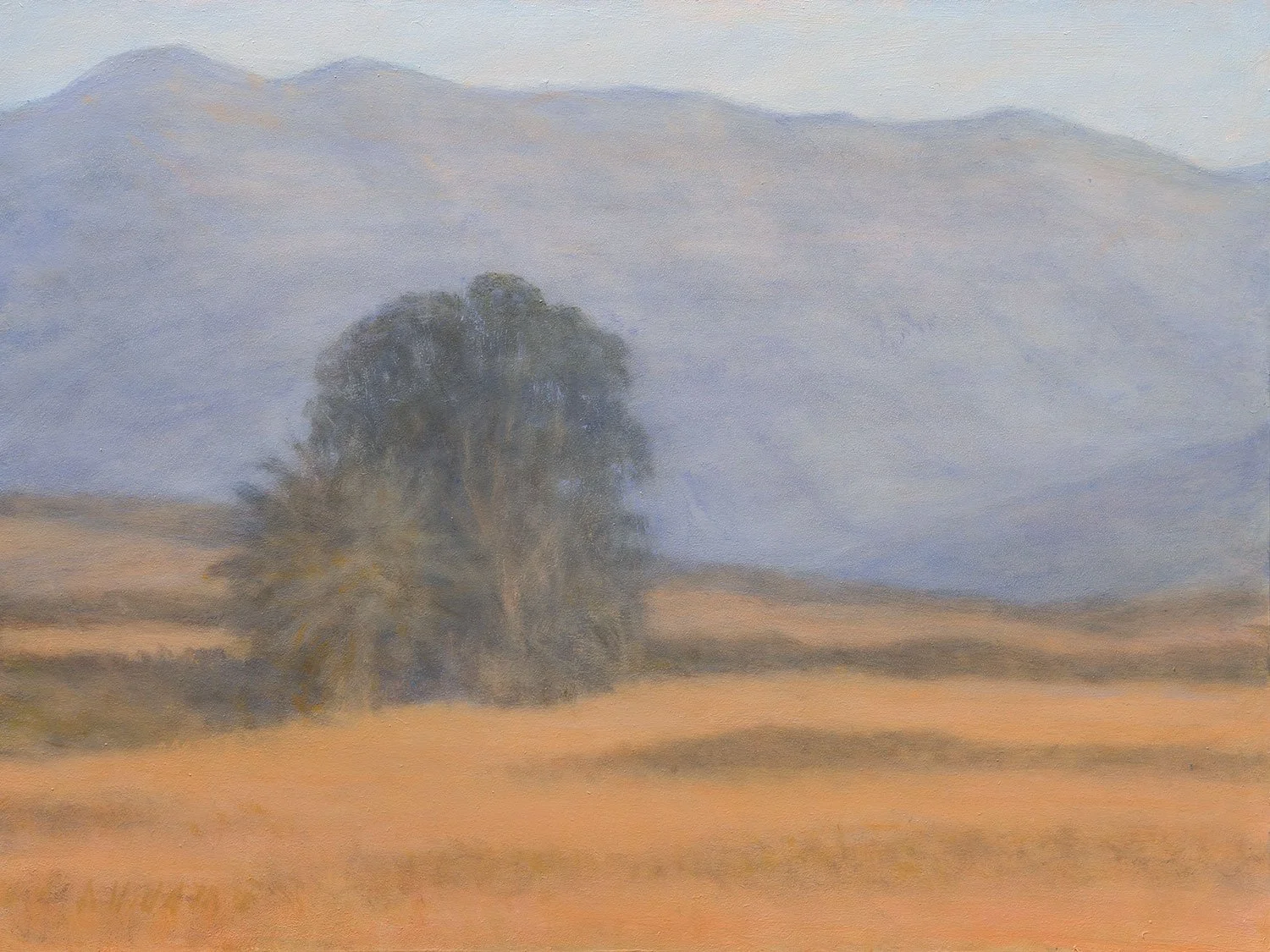 A painting of a landscape featuring a large tree in the foreground, rolling hills in the middle ground, and mountains in the background under a sky with soft, pastel colors.