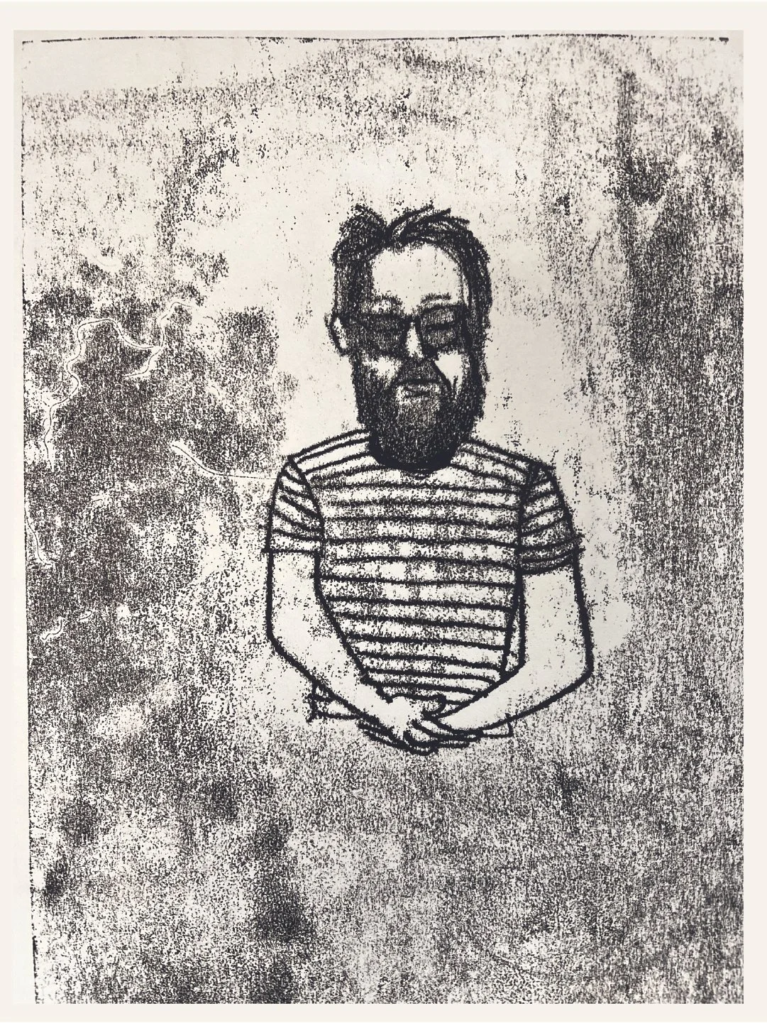 A sketch of a person with a downward gaze, sitting and leaning forward, with a red background.