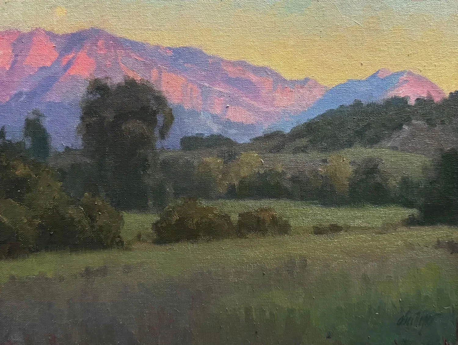 A landscape painting of mountains with pink and purple peaks in the background, green trees and bushes in the foreground, and a clear sky.