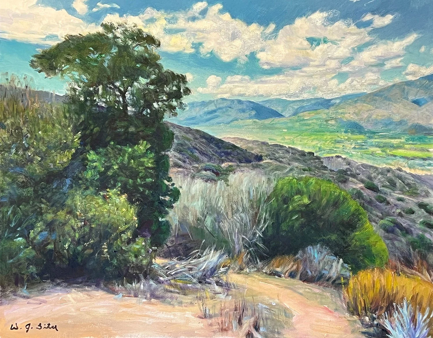 A landscape painting of rolling hills, green fields, rocky terrain, and cloudy sky, with trees and shrubs in the foreground.