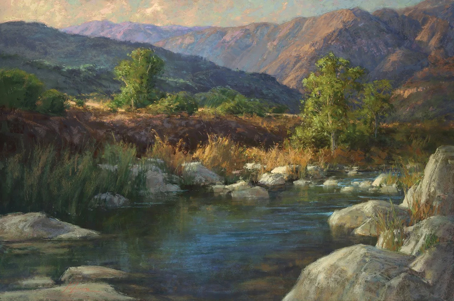 A peaceful landscape painting of a river with surrounding grass and rocks, trees, and distant mountains with a sky overhead.