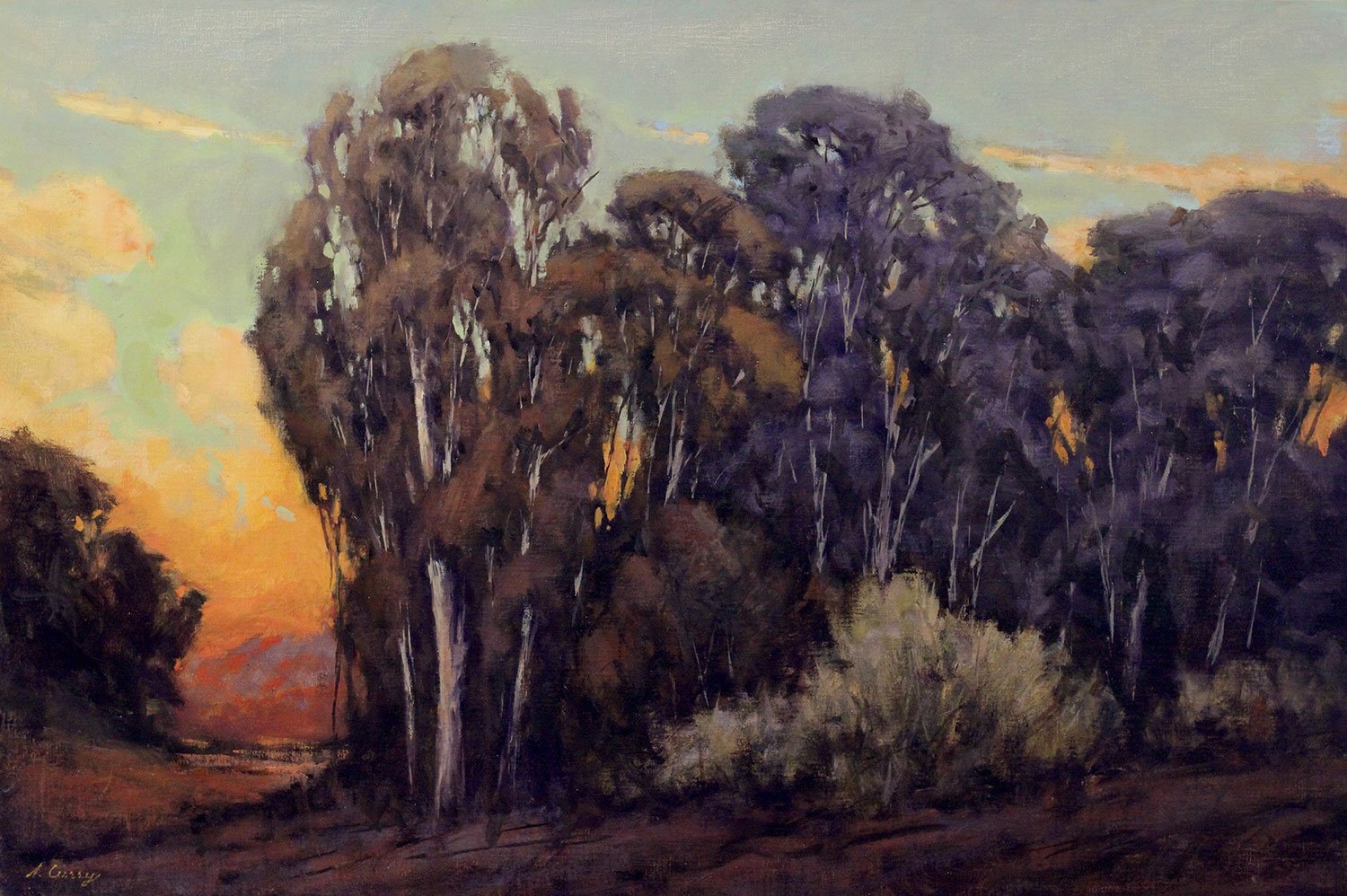 A landscape painting of trees in a forest during sunset, with a glowing sky in shades of yellow, orange, and light green, and darker trees with purple and brown foliage.
