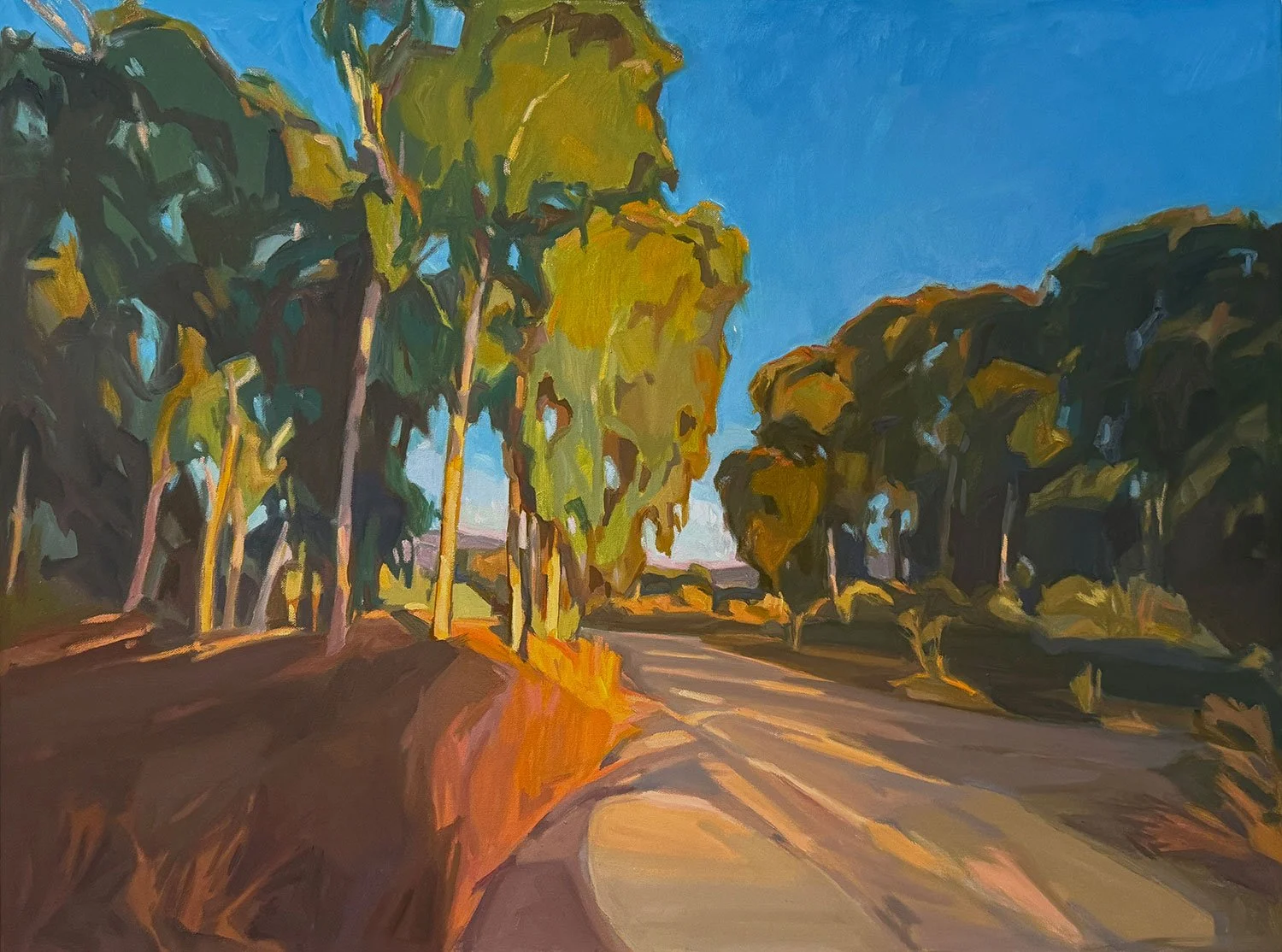 A painting of a dirt road flanked by tall trees on both sides, under a bright blue sky. The scene depicts sunlight casting shadows on the ground.
