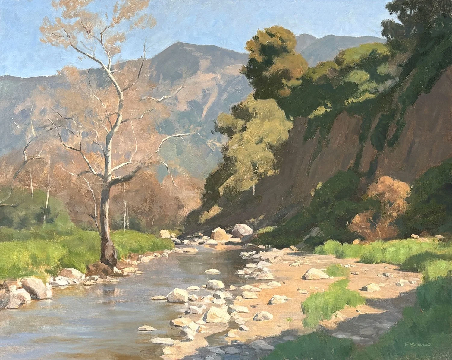 A landscape painting of a river running through a valley with trees and mountains in the background, some trees with autumn-colored leaves.