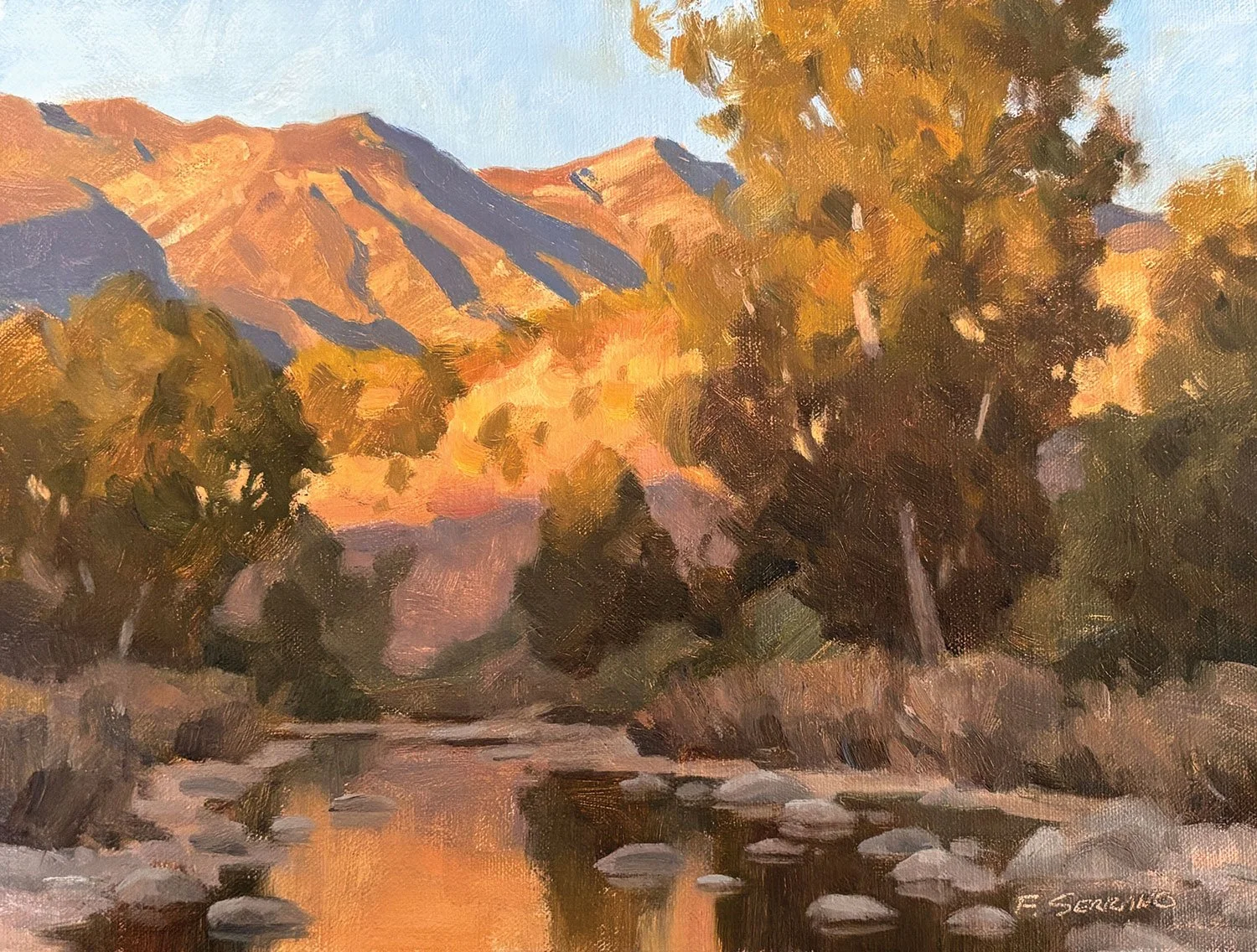 An oil painting of a mountain scene with trees and a river, with warm autumn colors and a sky background.