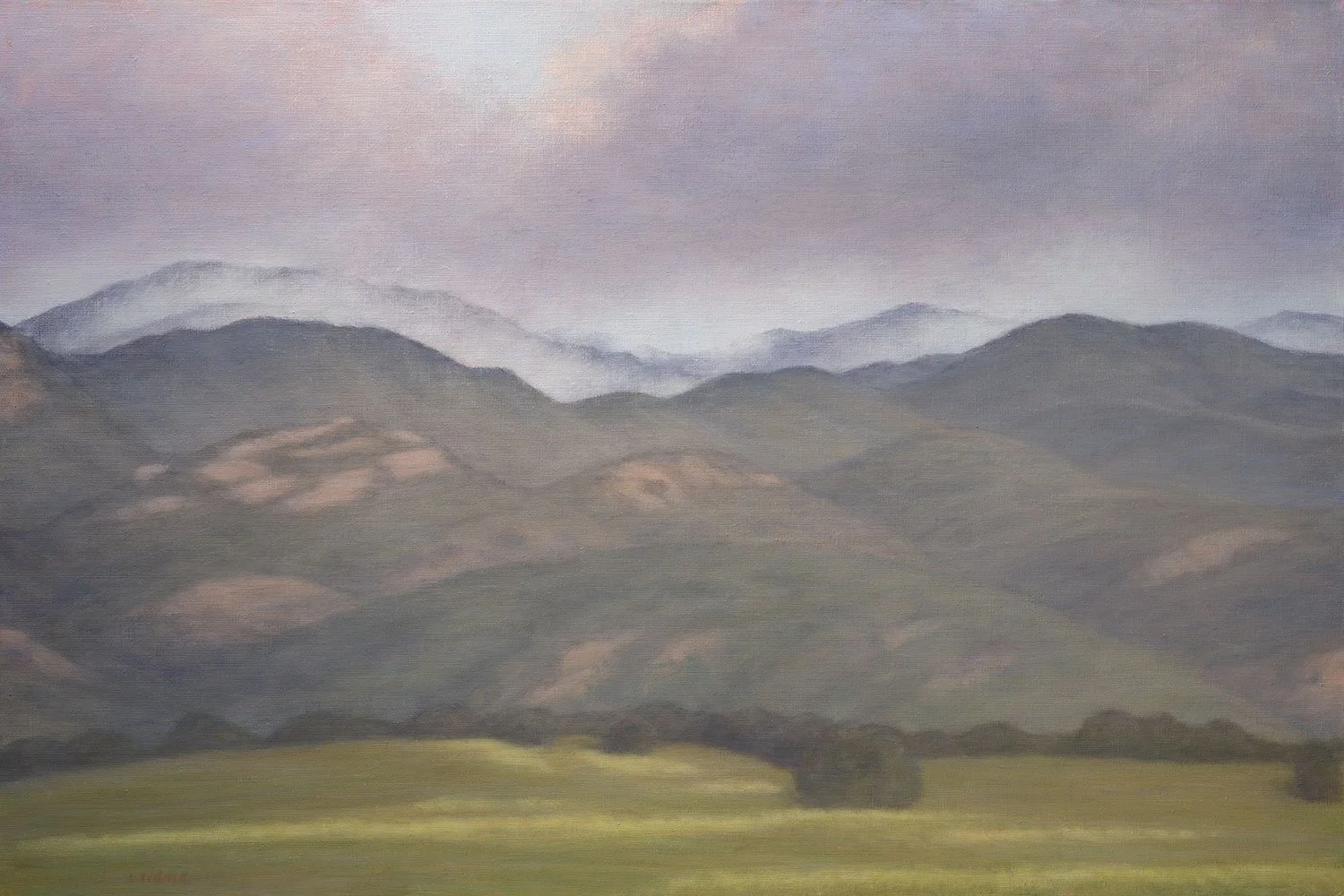 A painting of a mountain landscape with rolling hills and distant mountains under a muted, cloudy sky.