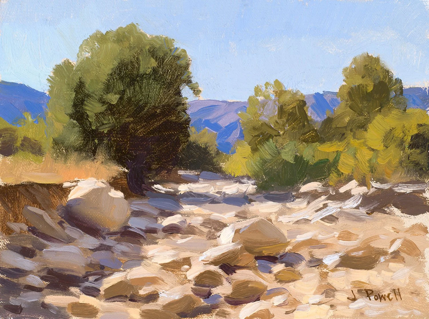 Painted landscape of a rocky stream with green trees and blue mountains in the background under a light blue sky.
