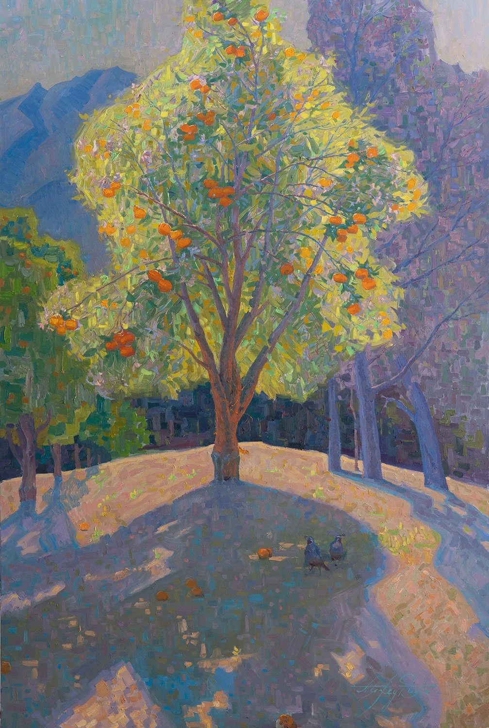 An impressionist painting of a tree with yellow-green leaves and orange fruit, surrounded by other trees with colorful foliage, casting shadows on the ground with two birds standing near a fallen orange.