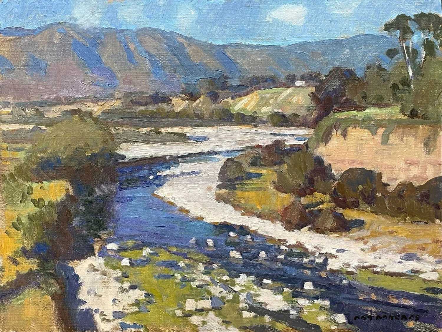 Landscape painting of a river with greenery and trees on either side, mountains in the background under a blue sky.