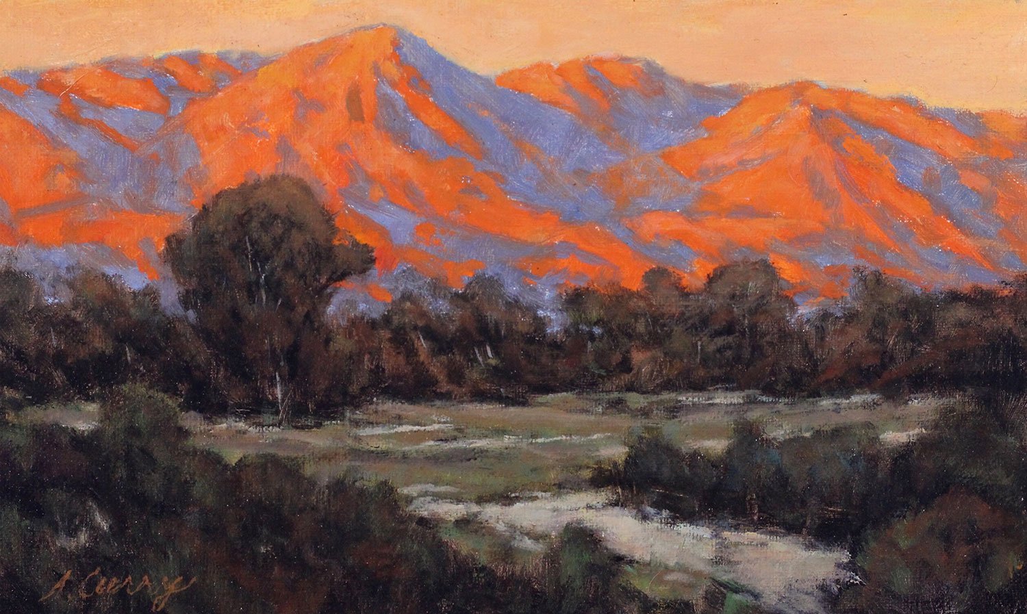 A landscape painting of mountains at sunset with orange and purple hues, dark trees in the foreground, and a river or stream running through green fields.