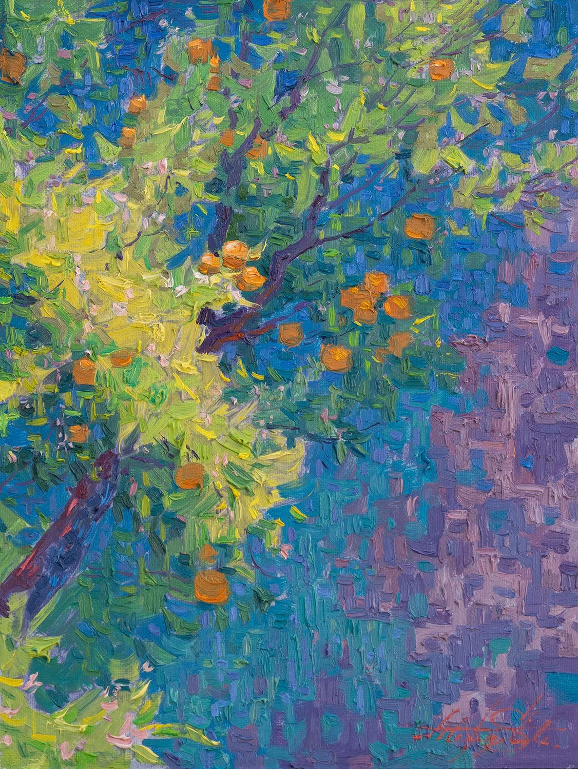 Oil painting of a tree with green leaves and orange fruits, using vibrant colors and textured brushstrokes.